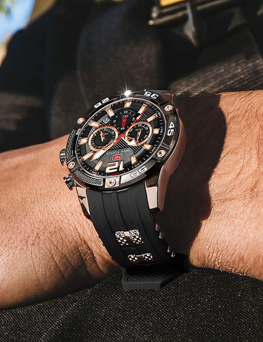 MF MINI FOCUS Men Watch, Chronograph Waterproof Sport Analog Quartz Watches Blue Silicon Strap Fashion Wristwatch for Men