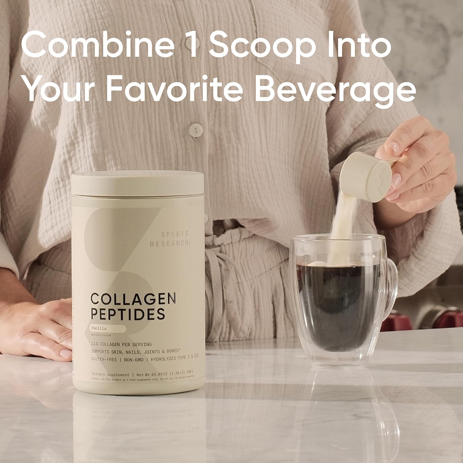 Sports Research® Collagen Peptides Protein Powder 16oz (Unflavored) | 11g Grass-Fed Collagen per Scoop · Hair, Skin & Joint Support · Easy to Mix in Coffee & Shakes - 41 Servings