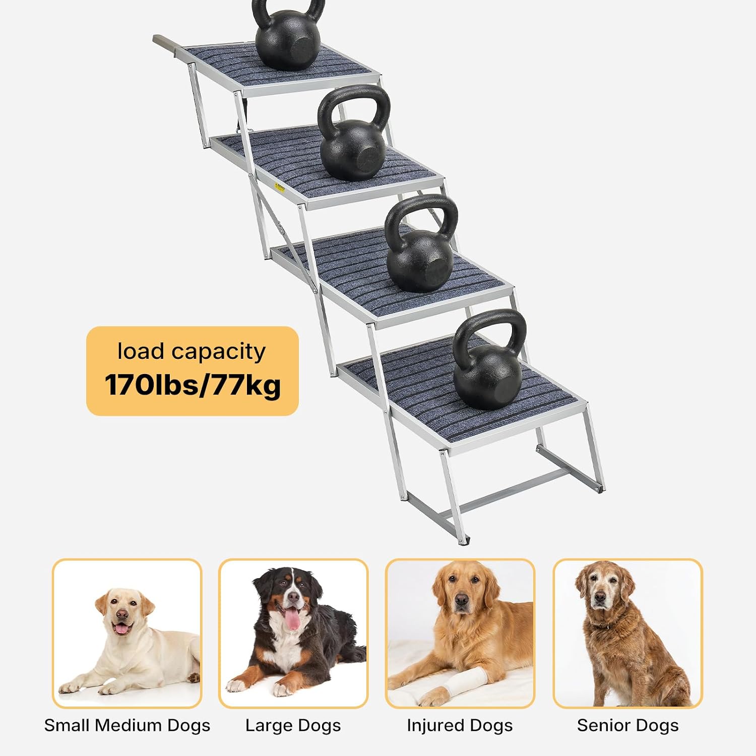 Veehoo Folding Dog Steps Large for Car Truck SUV, Dogs Car Stairs 20" Wide | 4 Steps Foldable Pet Step Aluminum Dog Stairs for Injured Senior Dogs Heavy Duty Pet Ramp Ladder Non Slip, up to 170lbs