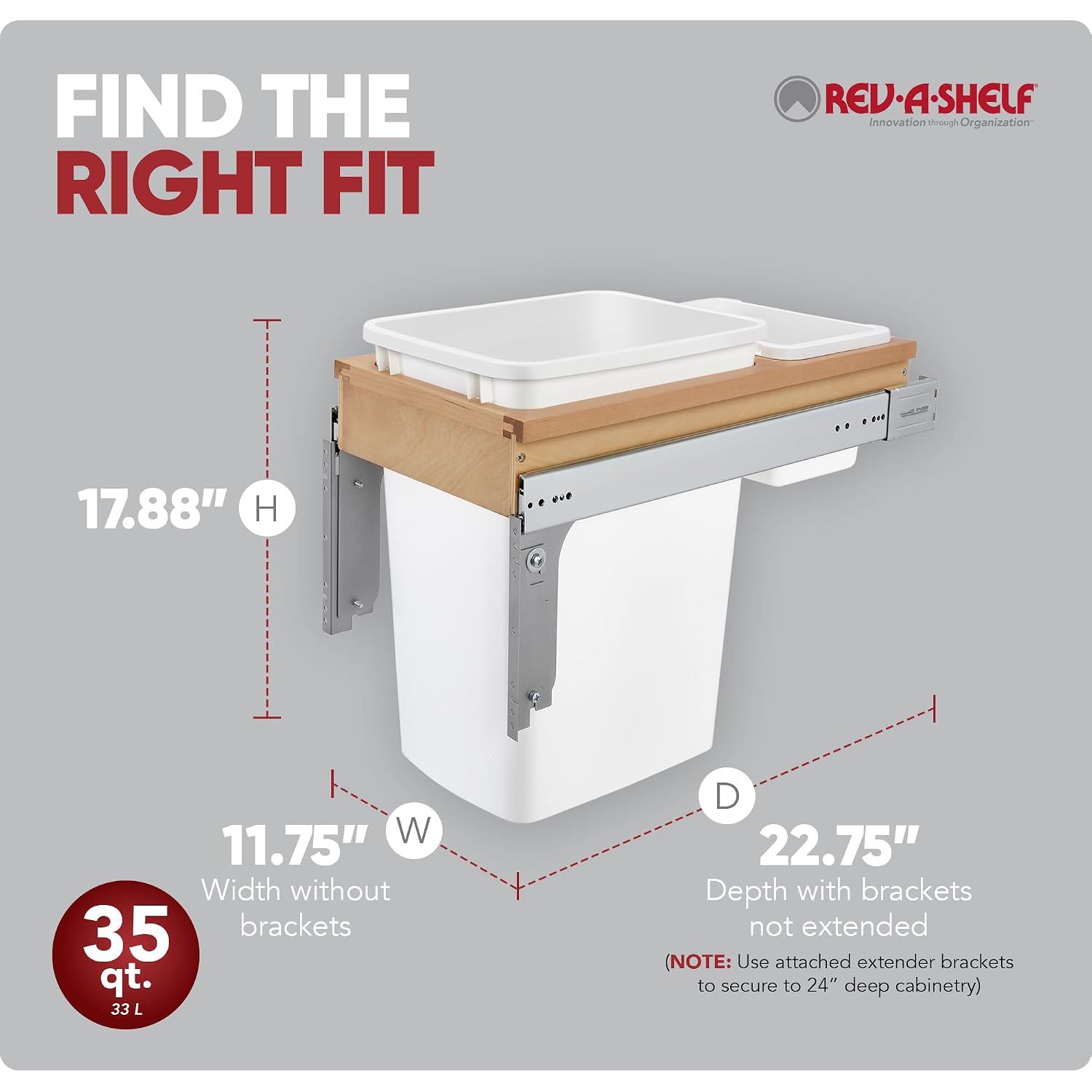 Rev-A-Shelf 35 Qt Top Mount Double Pullout Under Cabinet Kitchen Trash Cans for Base Cabinets, 150 Pound Rated Full-Extension Slides, Min Opening Width of 14.75", White, 4WCTM-18DM2-162