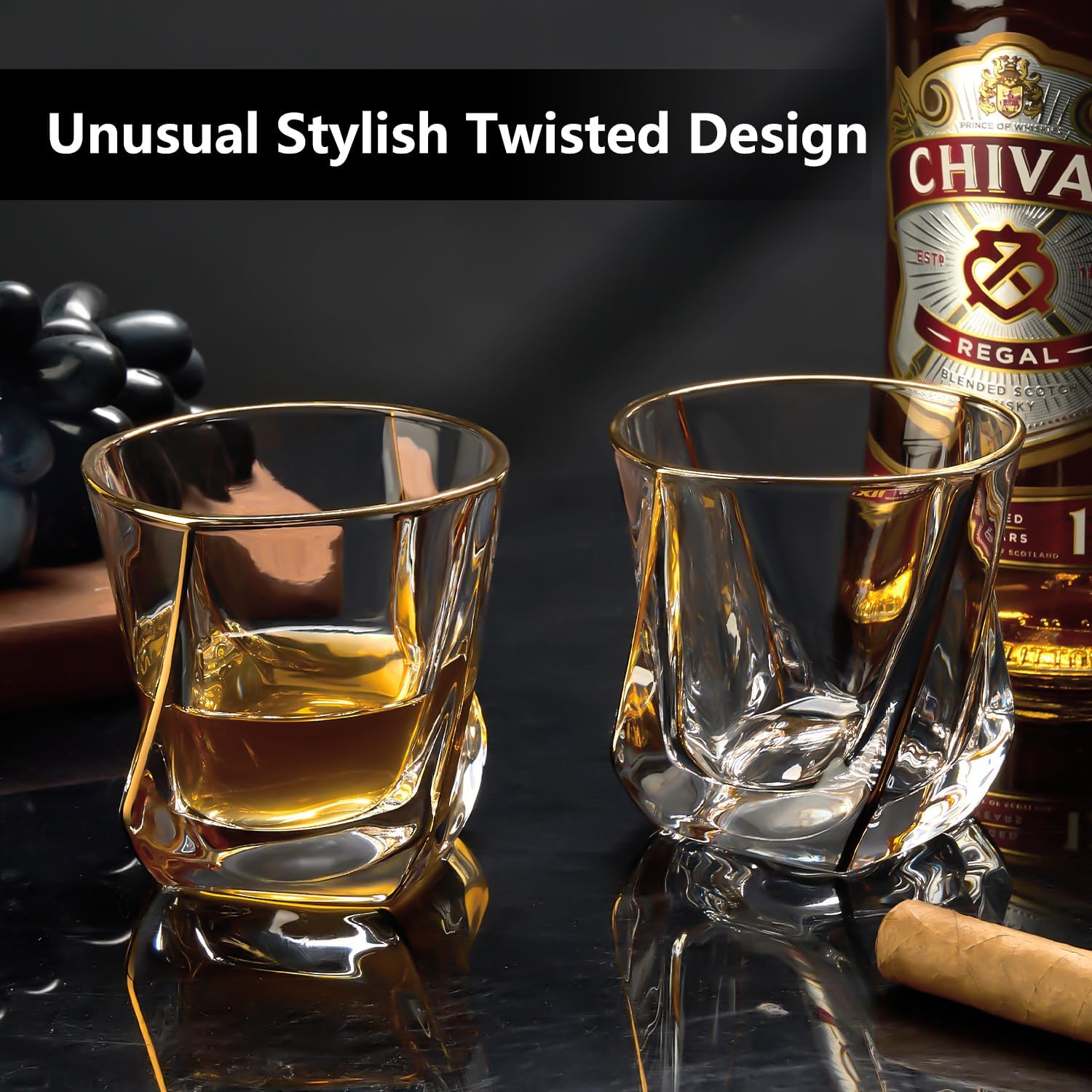 GLASKEY 12 oz Storm Japanese Whiskey Glasses Set of 4, Unique Cognac Glasses, Heavy Thick Bottom Bar Glass for Scotch Bourbon Rum Gin Water Cocktail,Gifts Men Gifts Ideas