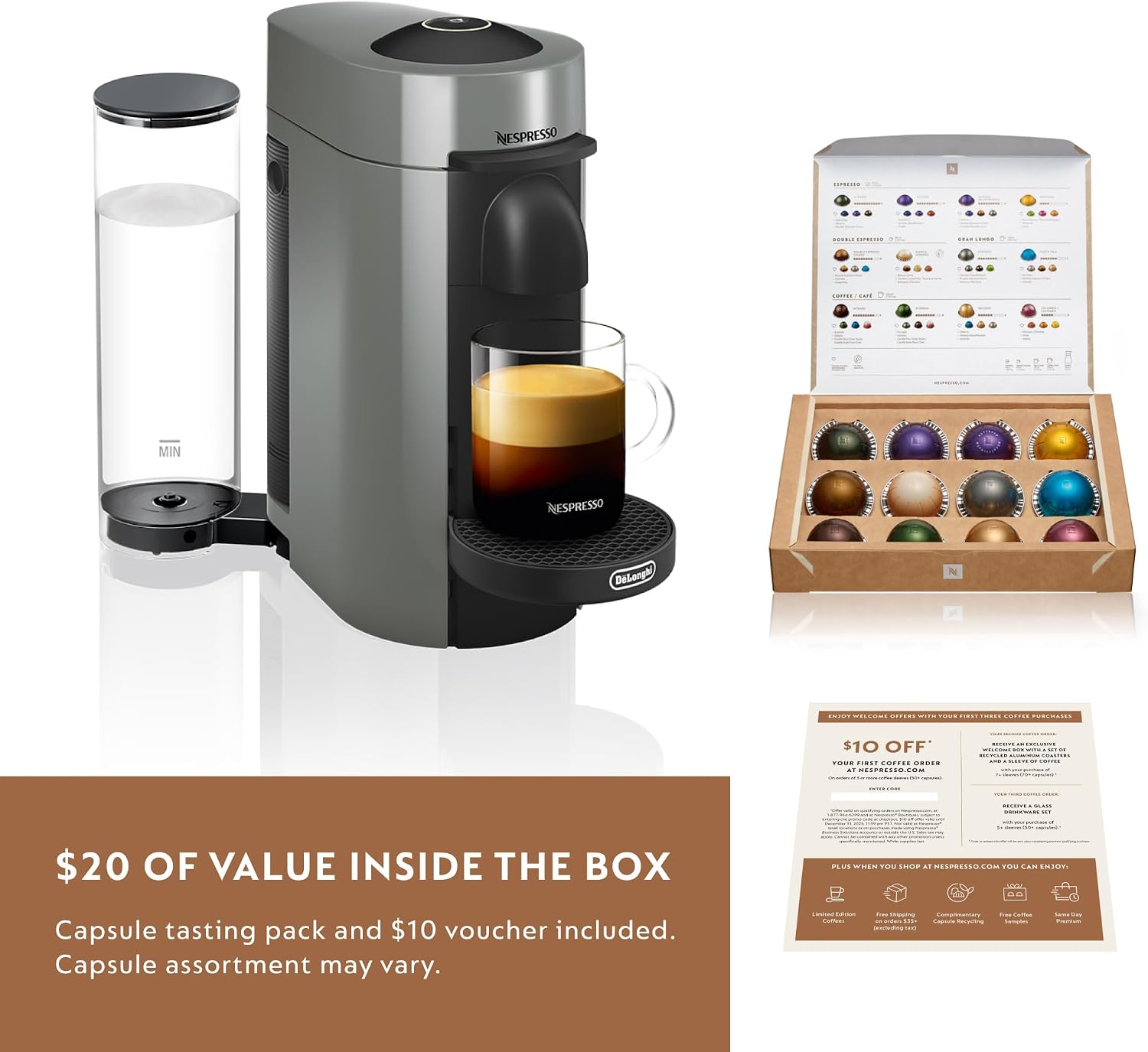 Nespresso Vertuo Plus Coffee & Espresso Maker by De'Longhi, Grey | Grey coffee machine that brews 4 cup sizes: 5 and 8 oz. coffee, plus single and double espresso, at the touch of a button.