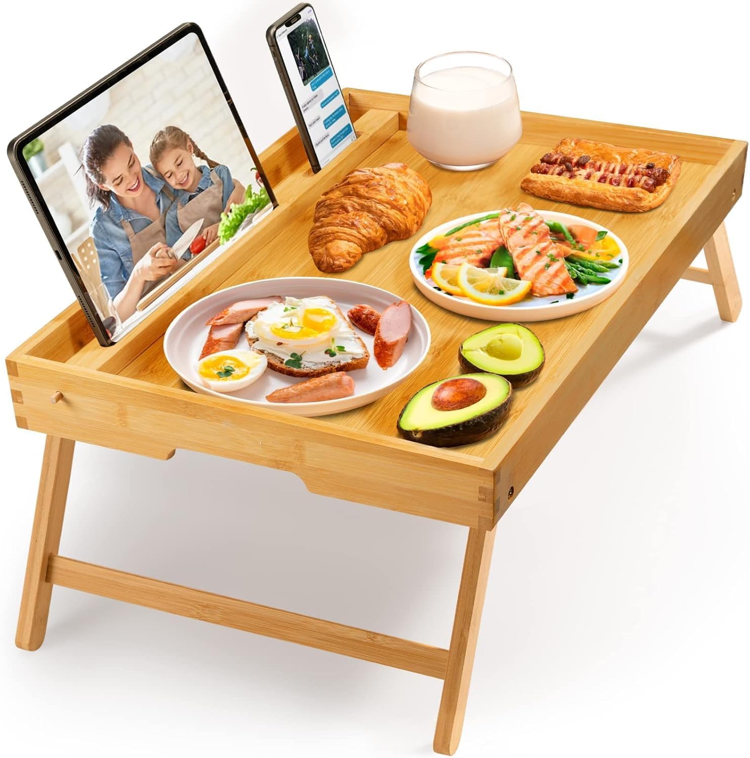 Bamboo Bed Tray Table with Foldable Legs, Breakfast Tray for Sofa, Bed, Eating, Working, Used As Laptop Desk Snack Tray by Pipishell