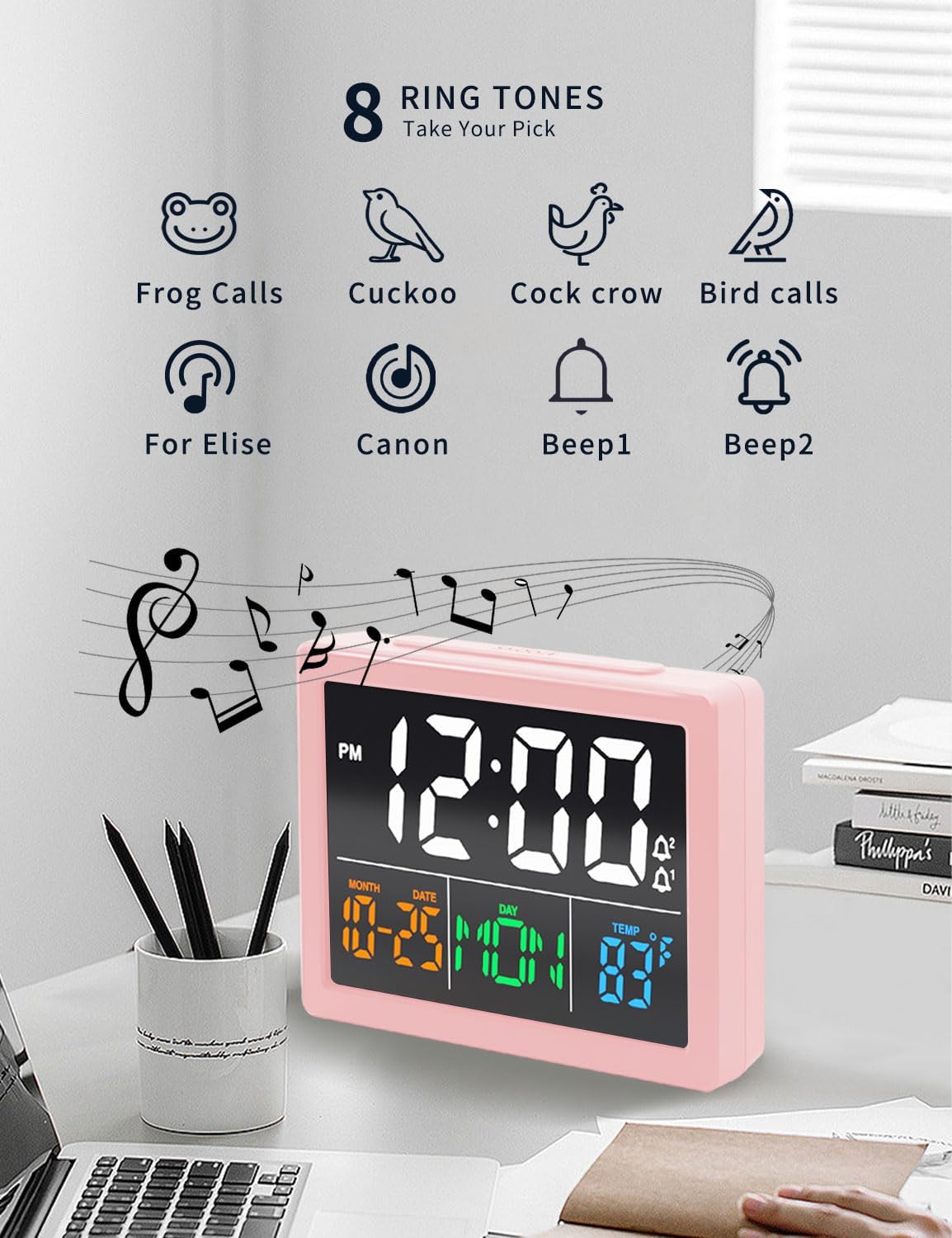JALL Digital Clock with Date Day for Seniors, Electric Alarm Clocks for Bedrooms with Temperature, 2 Alarms, Dimmer, Dual USB Charger, Battery Backup