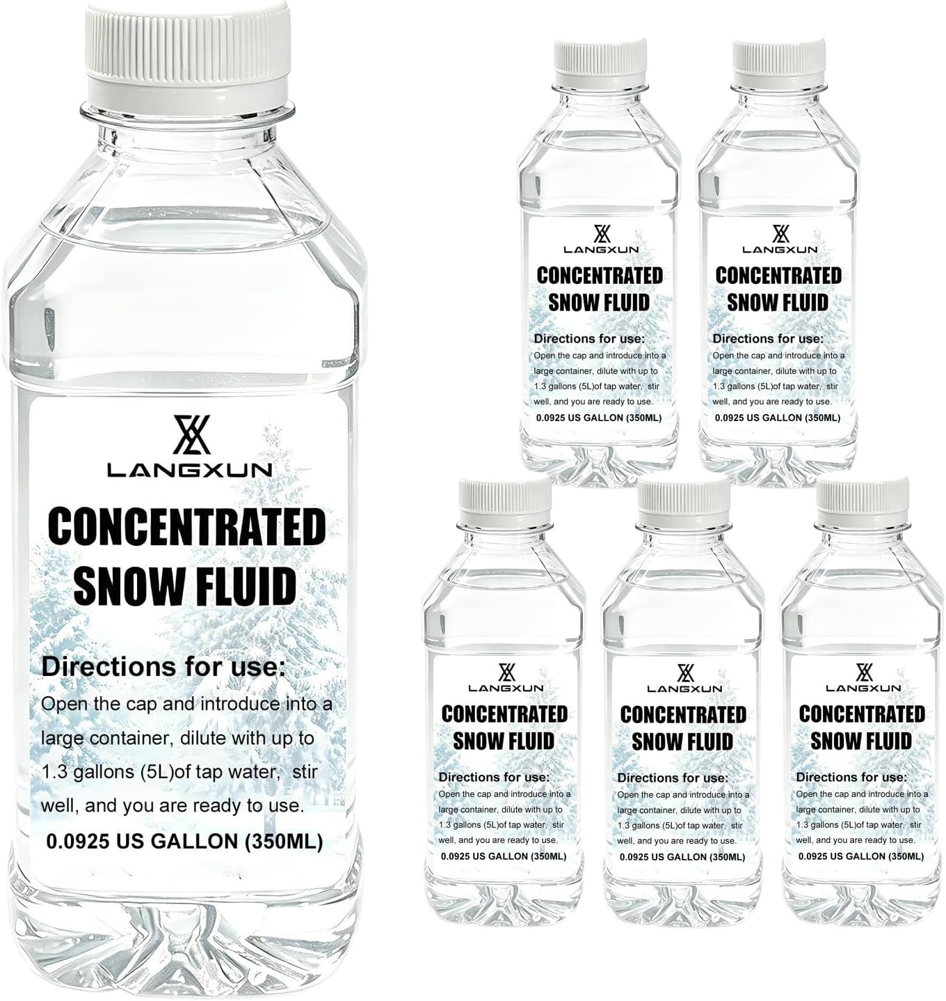 LANGXUN Flakes Snow Machine Fluid, 5 Bottles Concentrated Snow Fluid With 1pcs 1.32 gallon diluted storage bag