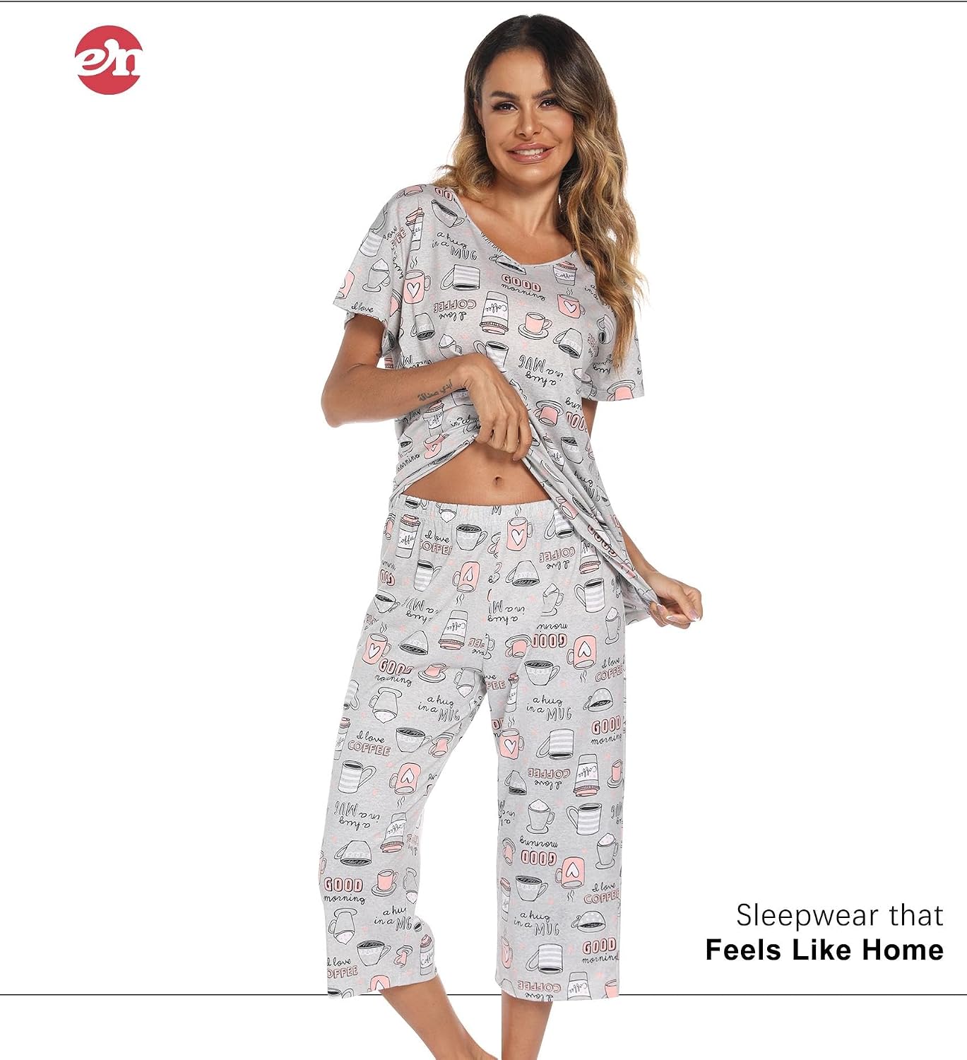 ENJOYNIGHT Womens Pajama Set Cotton Short Sleeve Top With Capri Pants Pj
