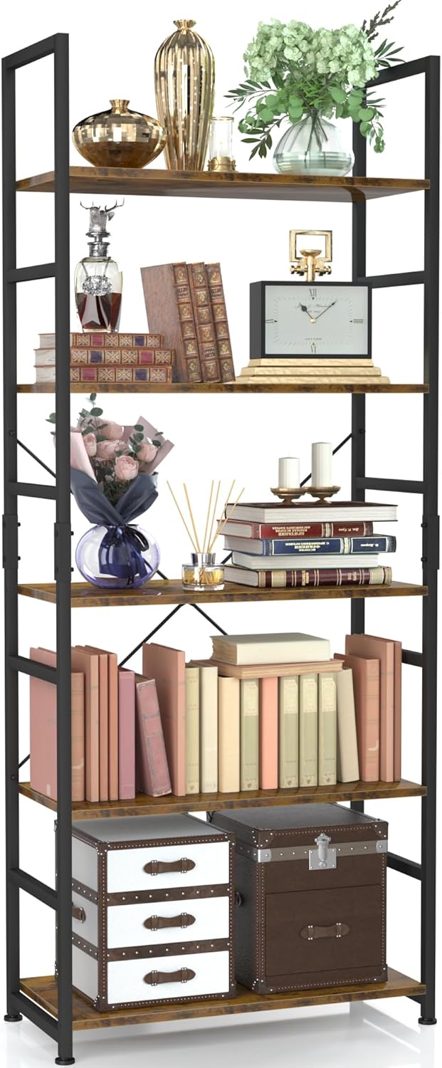 NUMENN 5 Tier Bookshelf, Tall Freestanding Open Storage Bookcase, Vintage