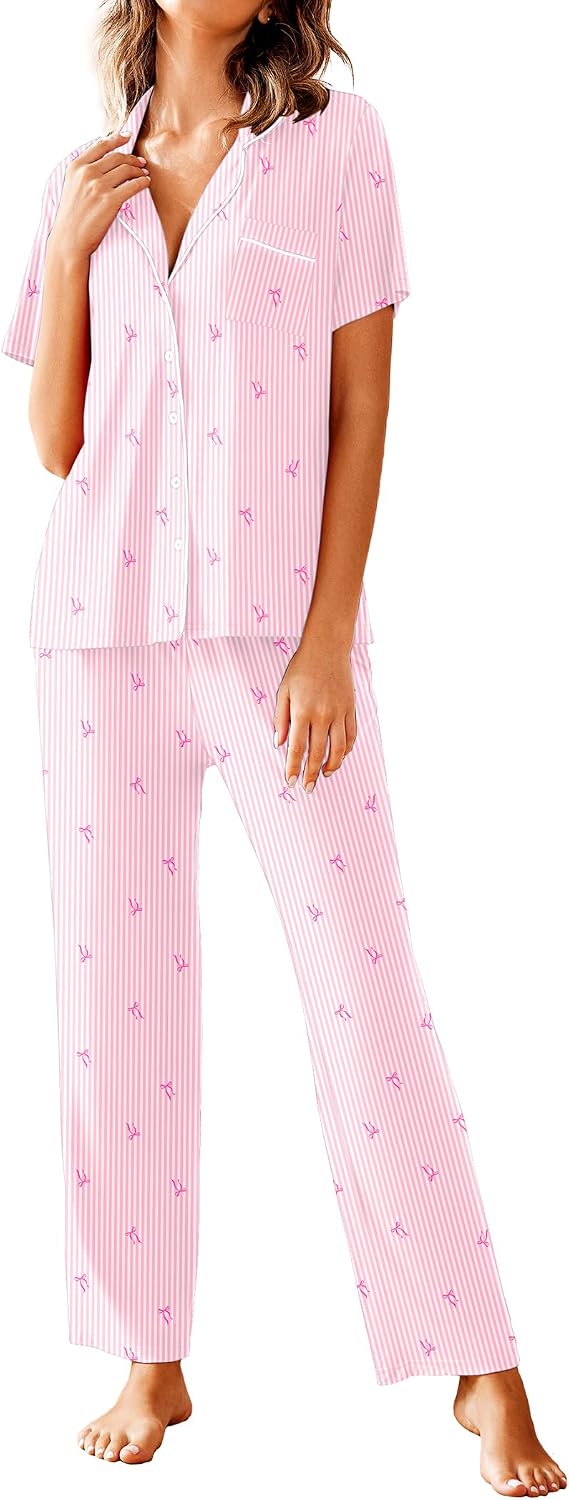 Avidlove Women Pajamas Set Notch Collar Soft Sleepwear Pjs Short Sleeve Button Down Nightwear with Long Pants
