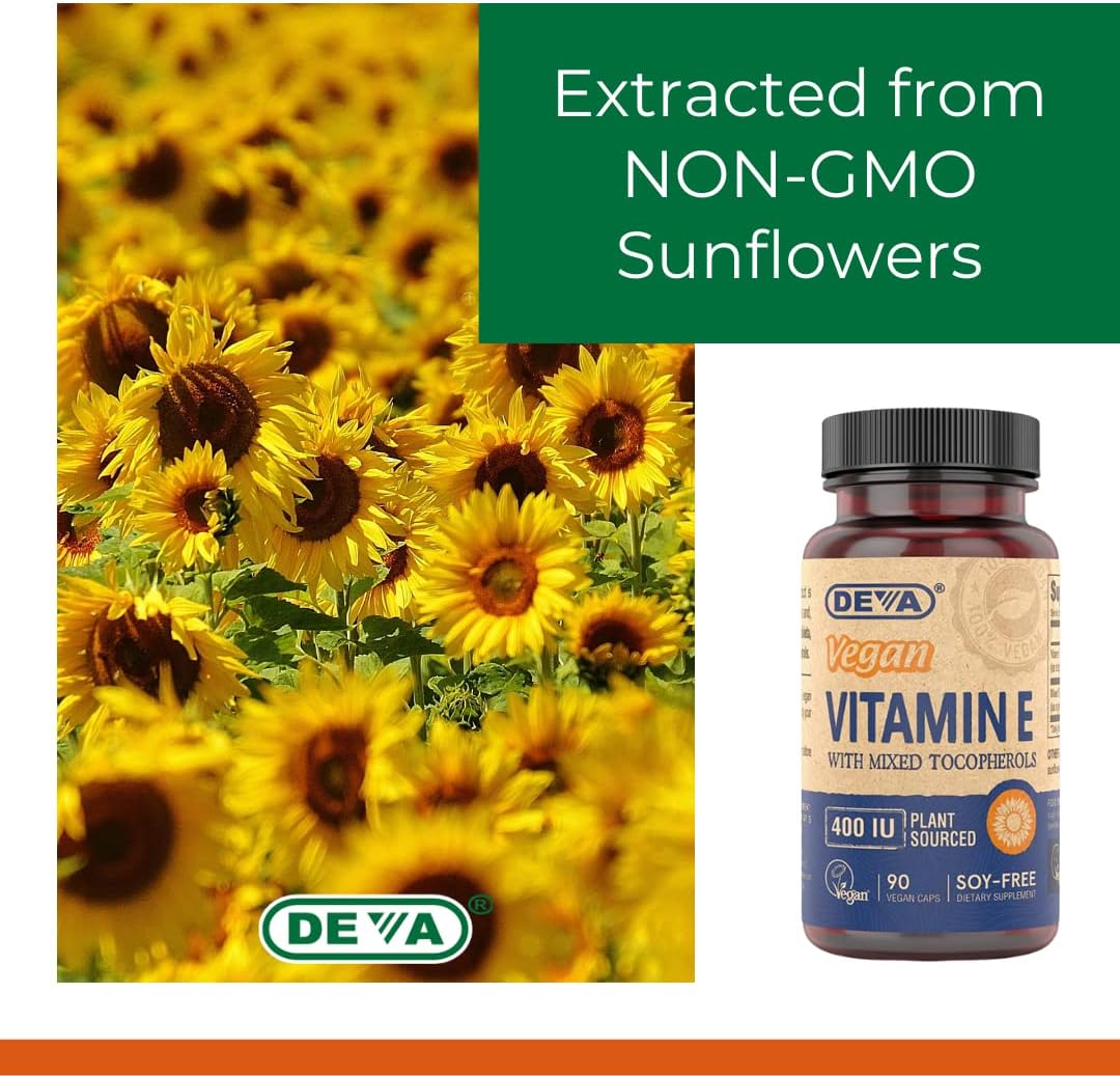 DEVA Vegan Vitamins Natural Vitamin E 400IU with Mixed Tocopherols, Supports Immune System & Skin Nutrition, Natural Antioxidant & Gluten Free, Dairy Free, Non-GMO, 90 Capsules