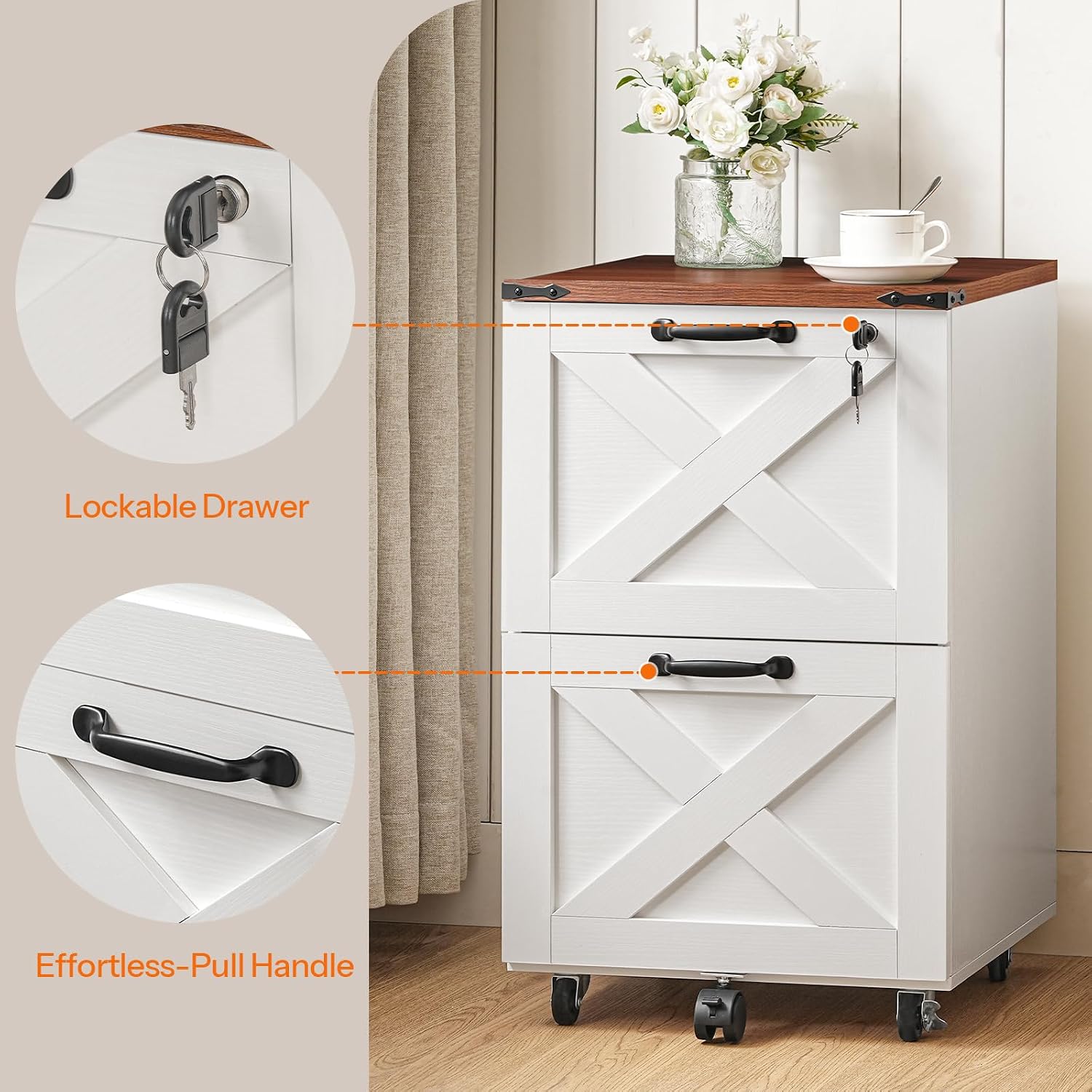 HOOBRO 3 Drawer File Cabinet with Lock, Mobile Filing Cabinet for Home Office, Wooden Farmhouse Office Storage Cabinet, Printer Stand Fits Letter and A4 Size, Walnut and White WH93WJ01G1