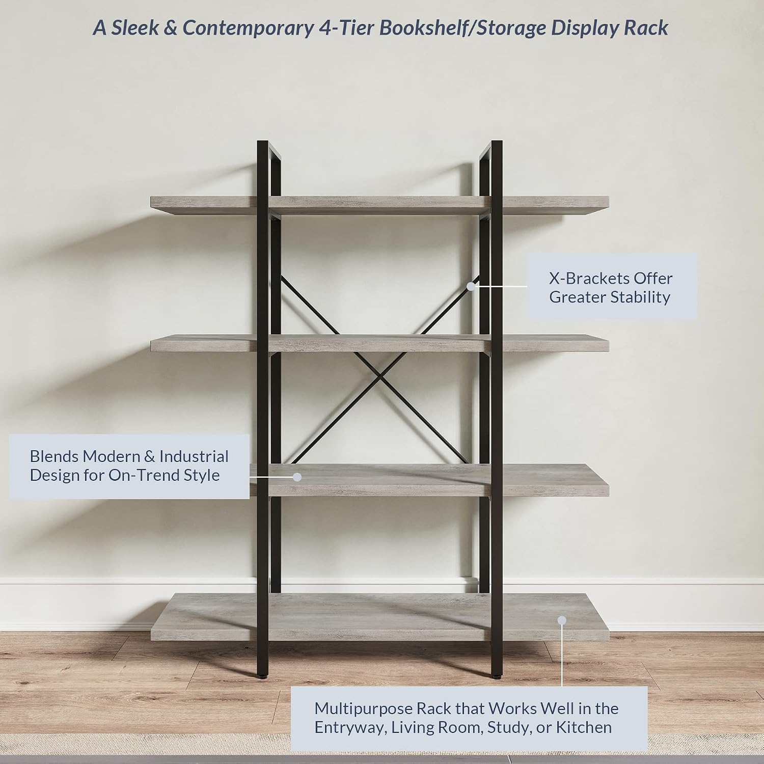 BELLEZE 4 Tier Modern Rustic Industrial Bookshelf, Open Wide Office Etagere Book Shelf