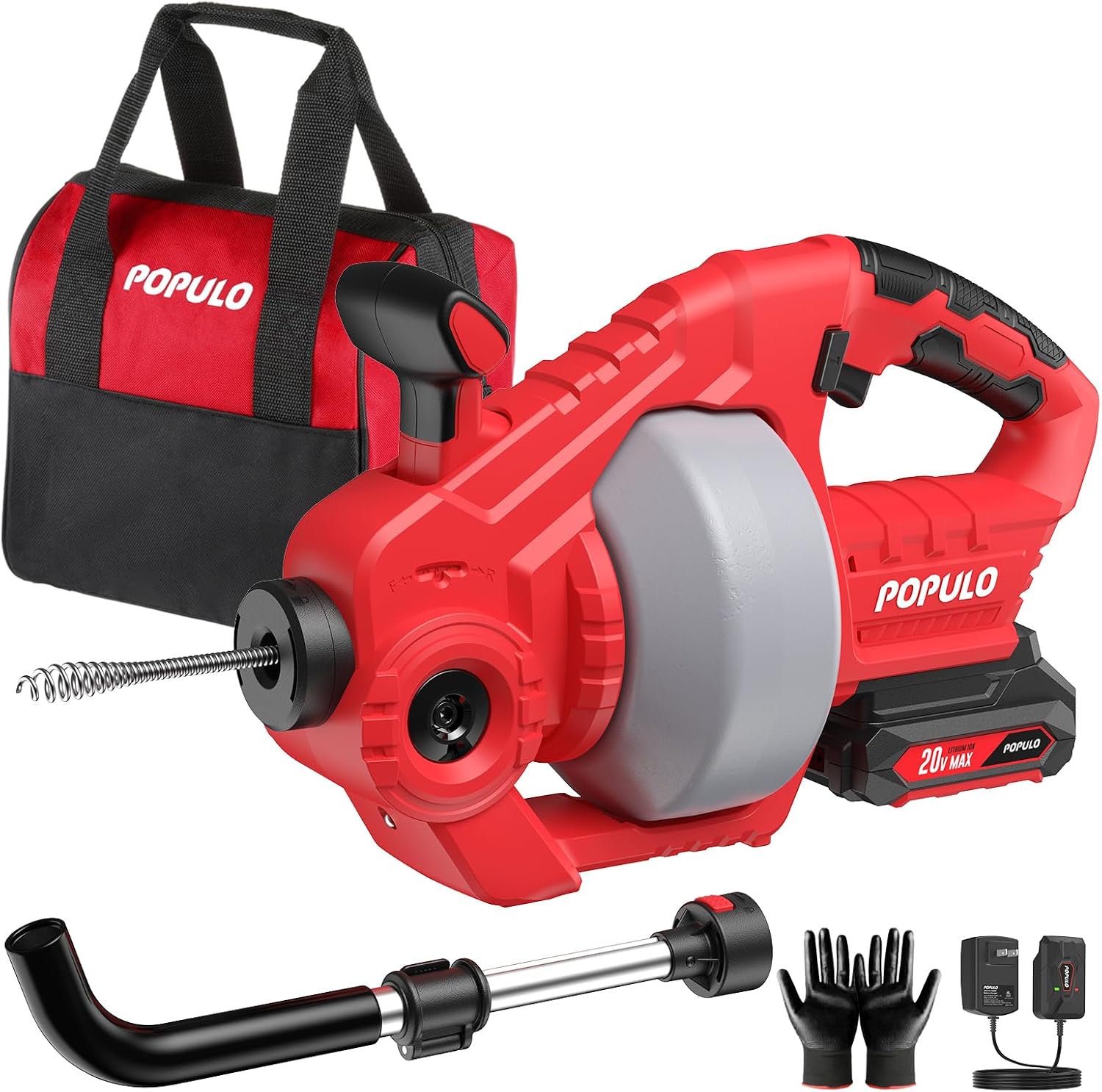 POPULO 20V Cordless Electric Drain Snake, 25Ft Replaceable Cable with 2.0Ah Battery, Extension Tube & Charger