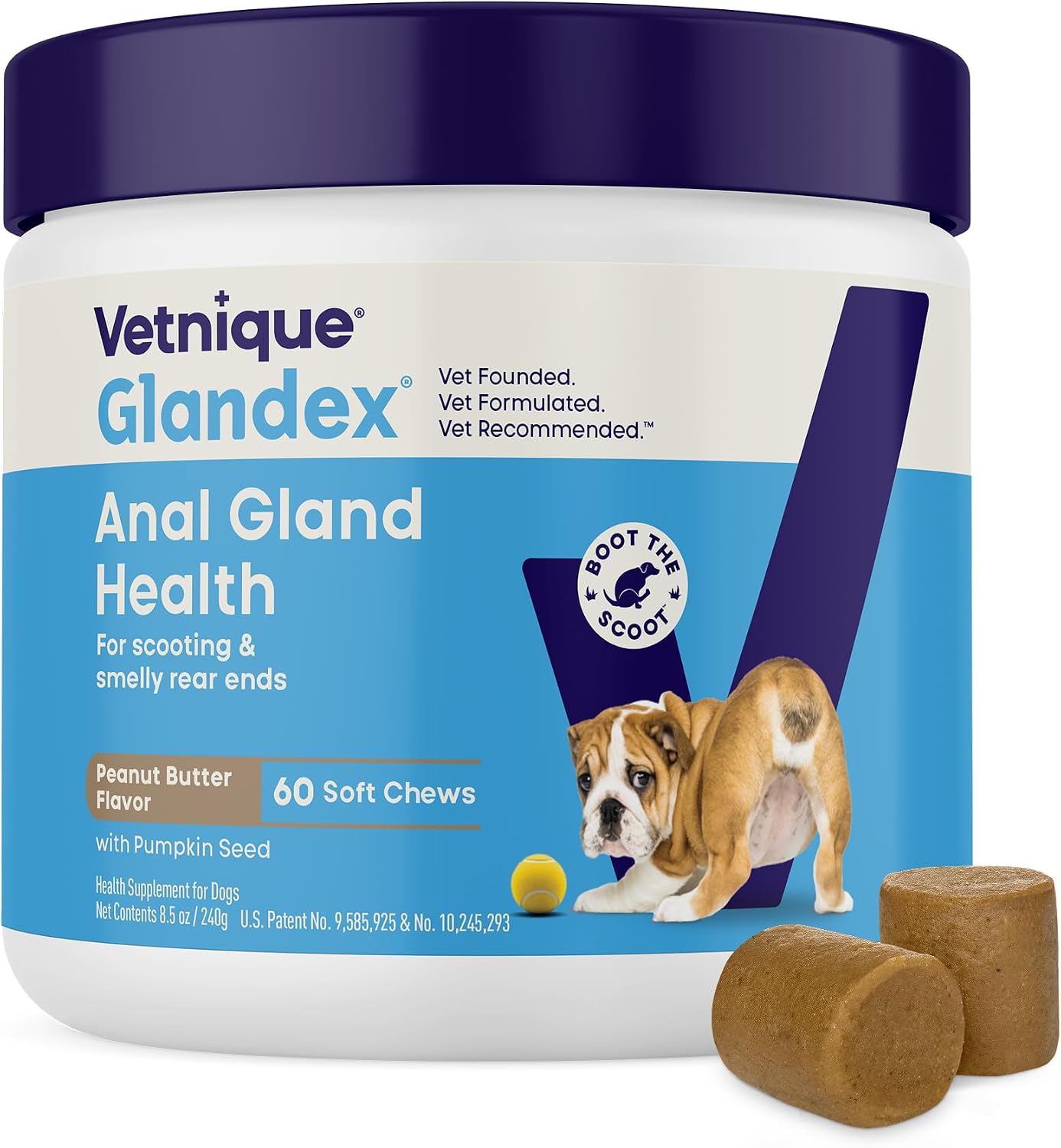 Vetnique Glandex for Dogs Anal Gland Chews 30ct, Pumpkin, Digestive Enzymes | Anal Gland Dog Treats, Boot the Scoot + Fishy Odor Support, Fiber, Probiotics, Quercetin + Apple Pectin, Peanut Butter