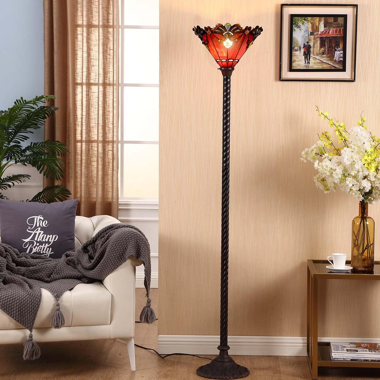 Bieye L10682 Baroque 67 inch Tiffany Style Stained Glass Torchiere Floor Lamp with 13 Inch Wide Handmade Lampshade