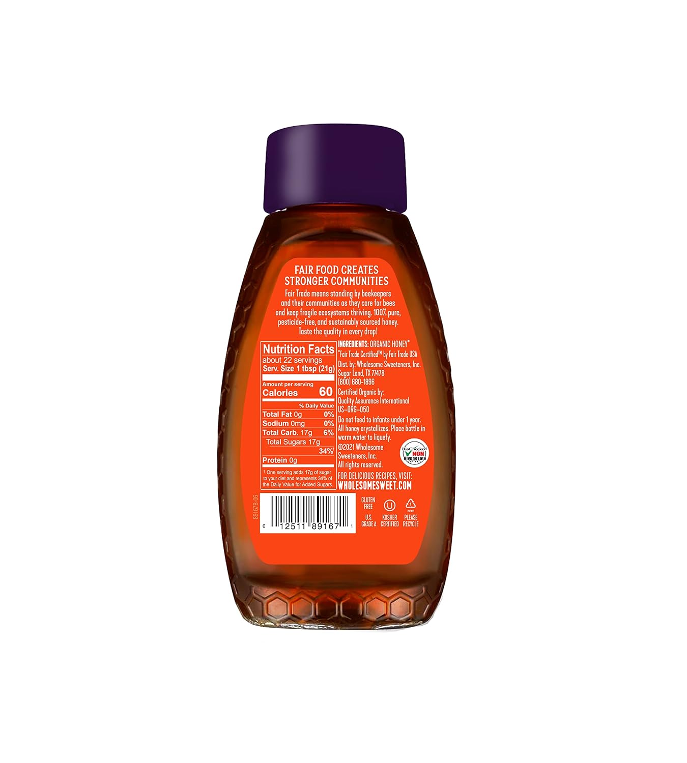 Wholesome Sweeteners 24-Ounce Organic Honey Bottle, 100% Pure, Fair Trade Certified, Non GMO Project Verified & Gluten Free, 1 Pack