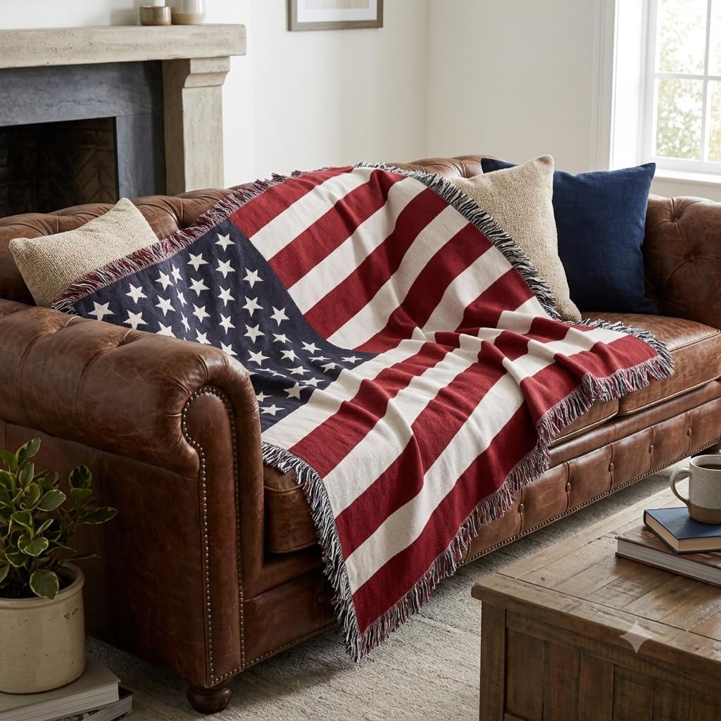 United States American Flag Blanket - Gift Soft Tapestry Throw Woven from Cotton - Made in The USA (69x48)