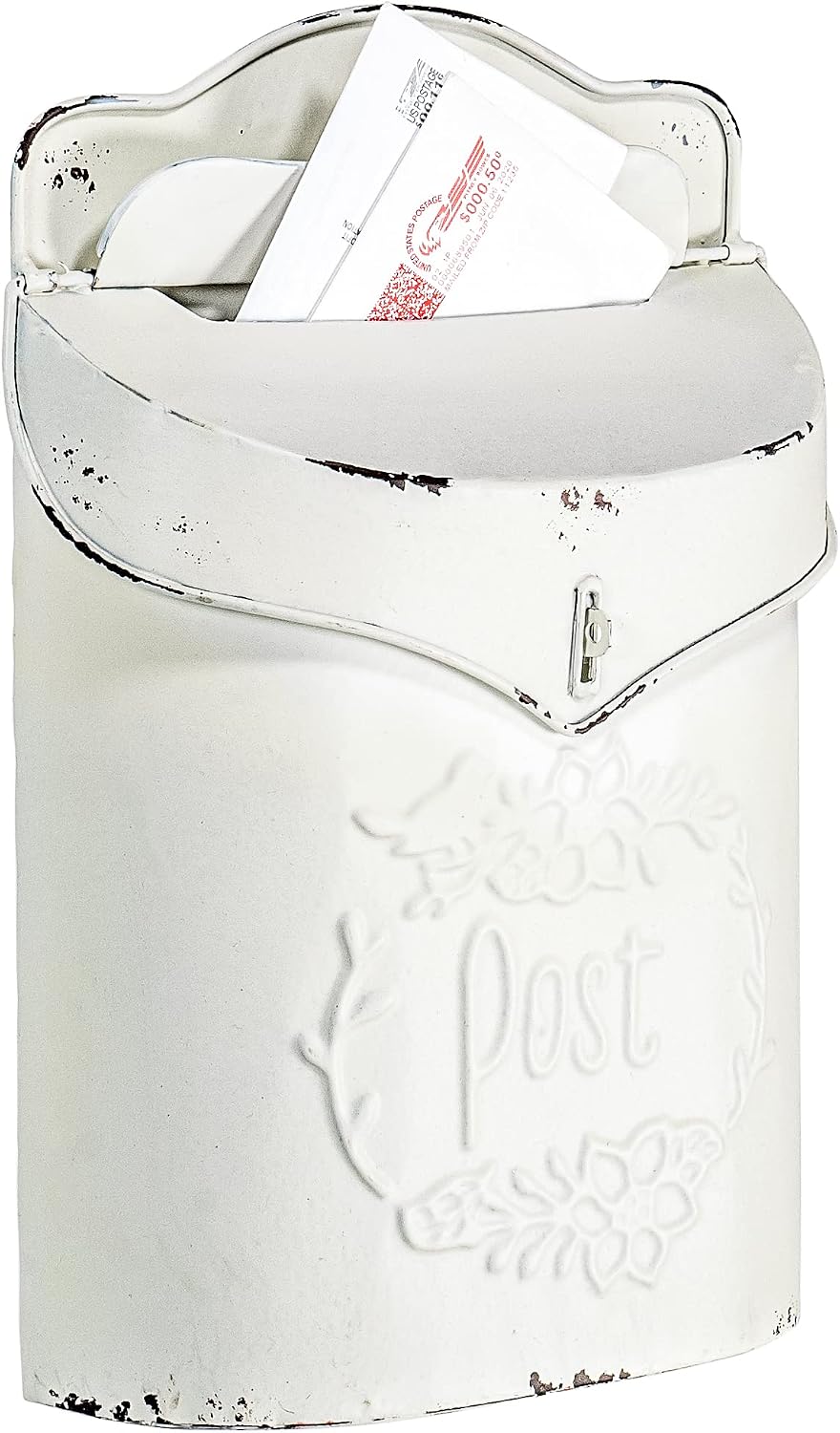 Red Co. 10.5” x 15” Decorative Distressed Metal Wall-Mounted Post Mailbox, Farmhouse White