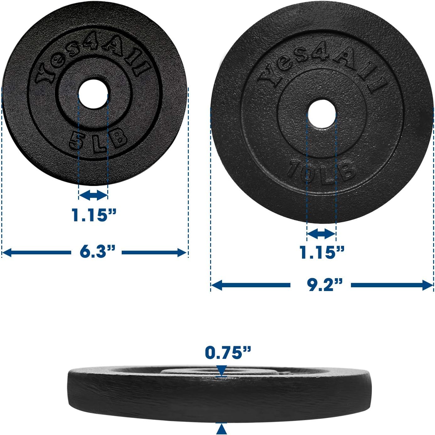 Yes4All Cast Iron Weight Plates, 1.15-Inch Standard Hole Weight Plate Set of 4 & 8, Fits Dumbbell Handles for Strength Training