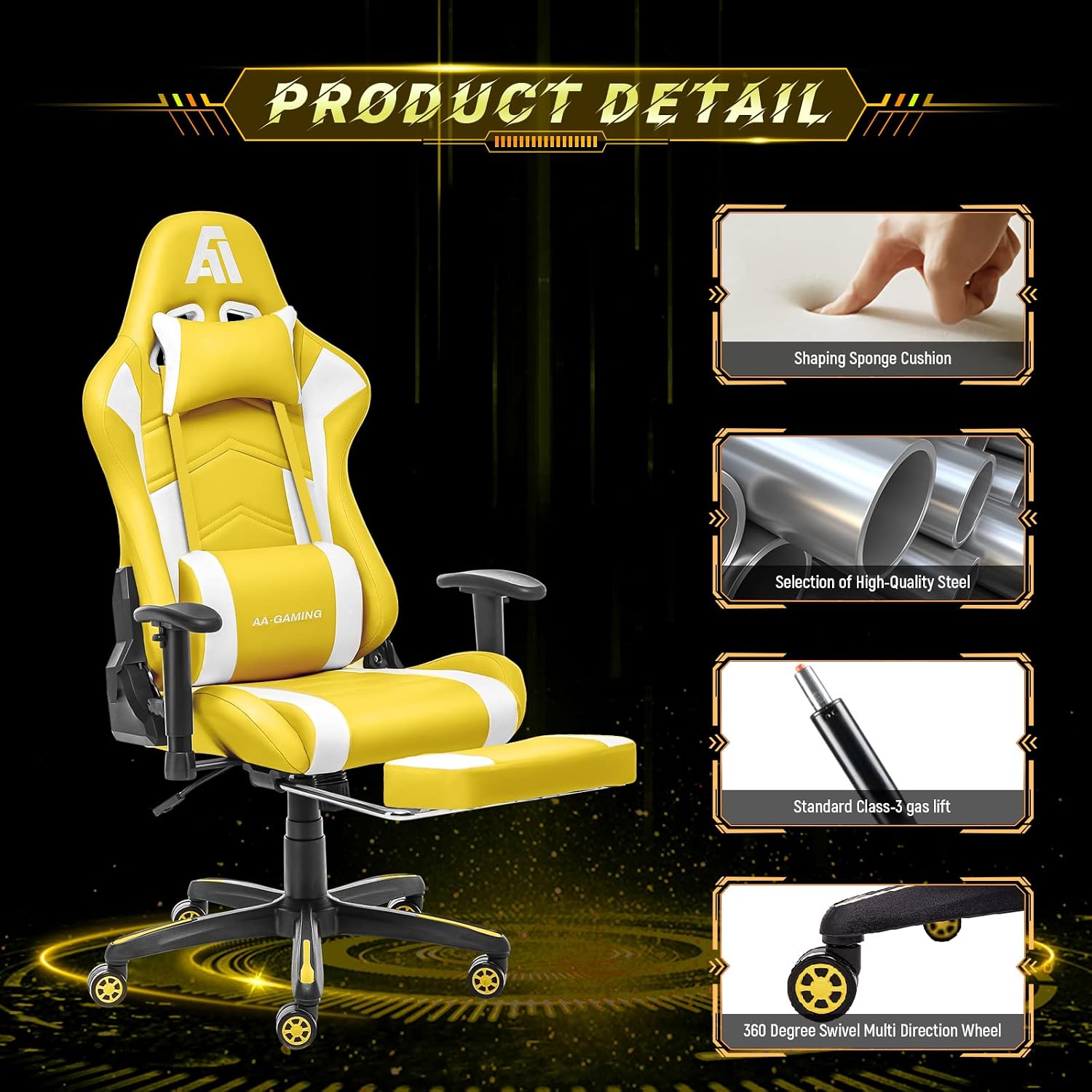 AA Products Gaming Chair Ergonomic High Back Computer Racing Chair Adjustable Office Chair with Footrest, Lumbar Support Swivel Chair - Black