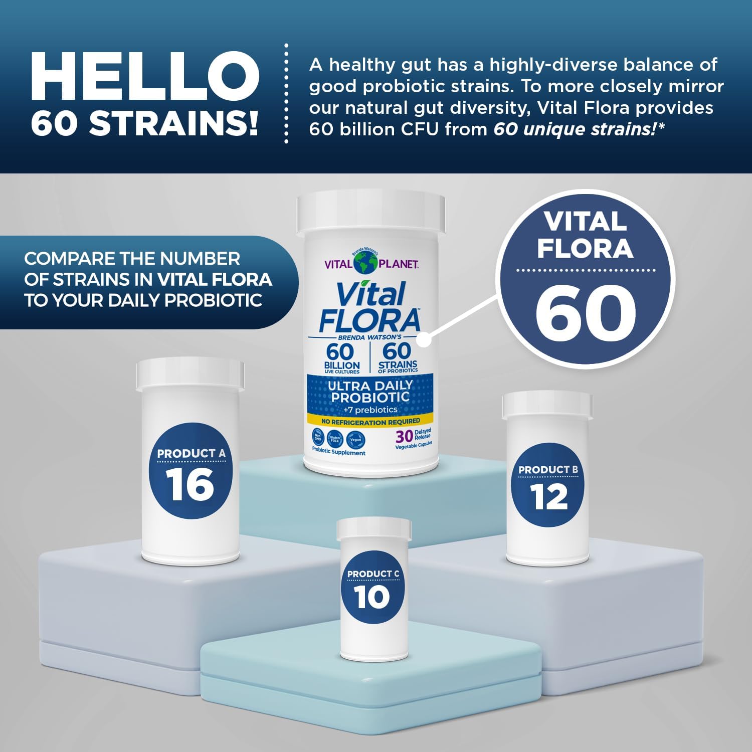 Vital Planet - Vital Flora Ultra Daily Probiotic 60 Billion CFU, 60 Diverse Strains, 7 Organic Prebiotics, Immune Support