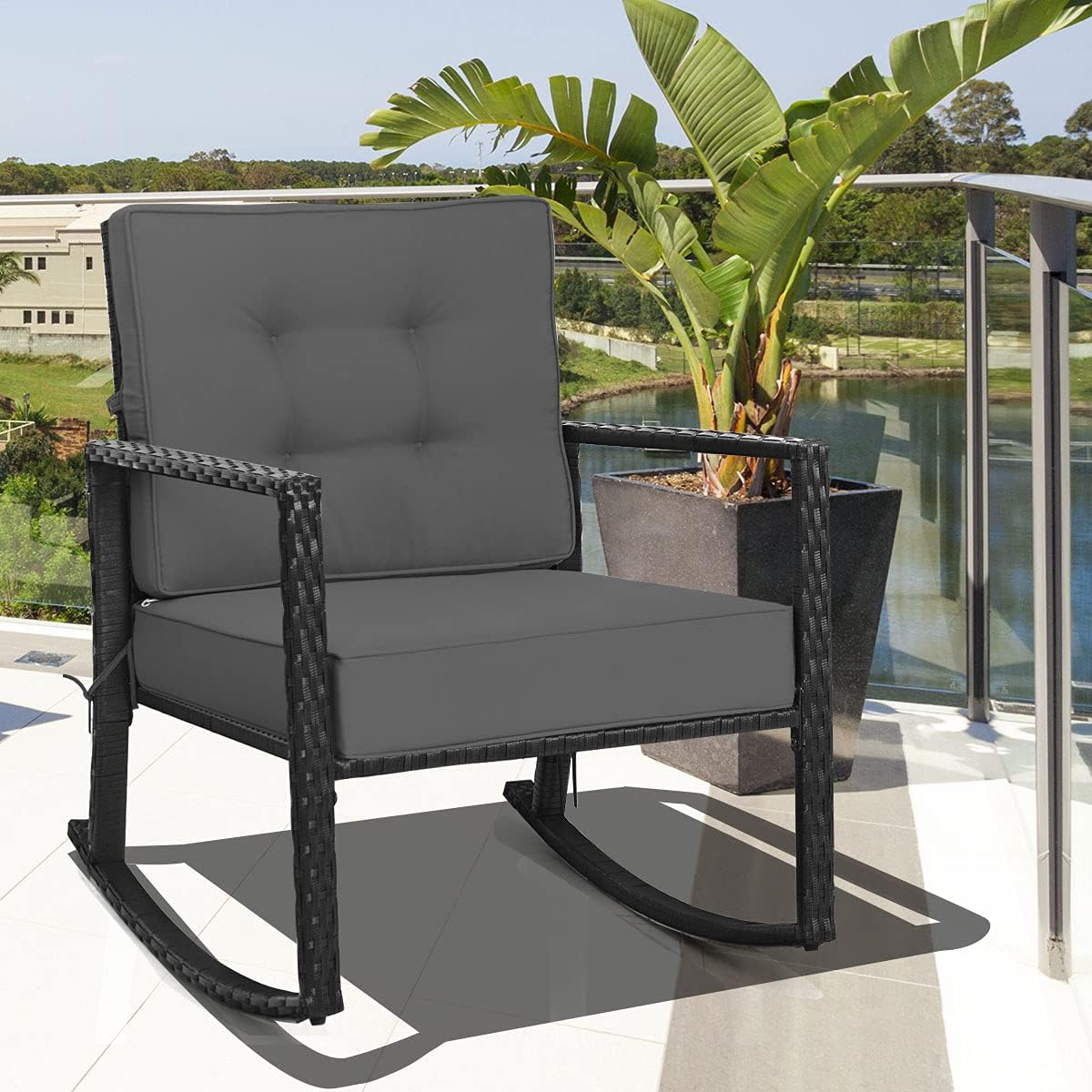 Tangkula Wicker Rocking Chair, Outdoor Glider Rattan Rocker Chair with Heavy-Duty Steel Frame
