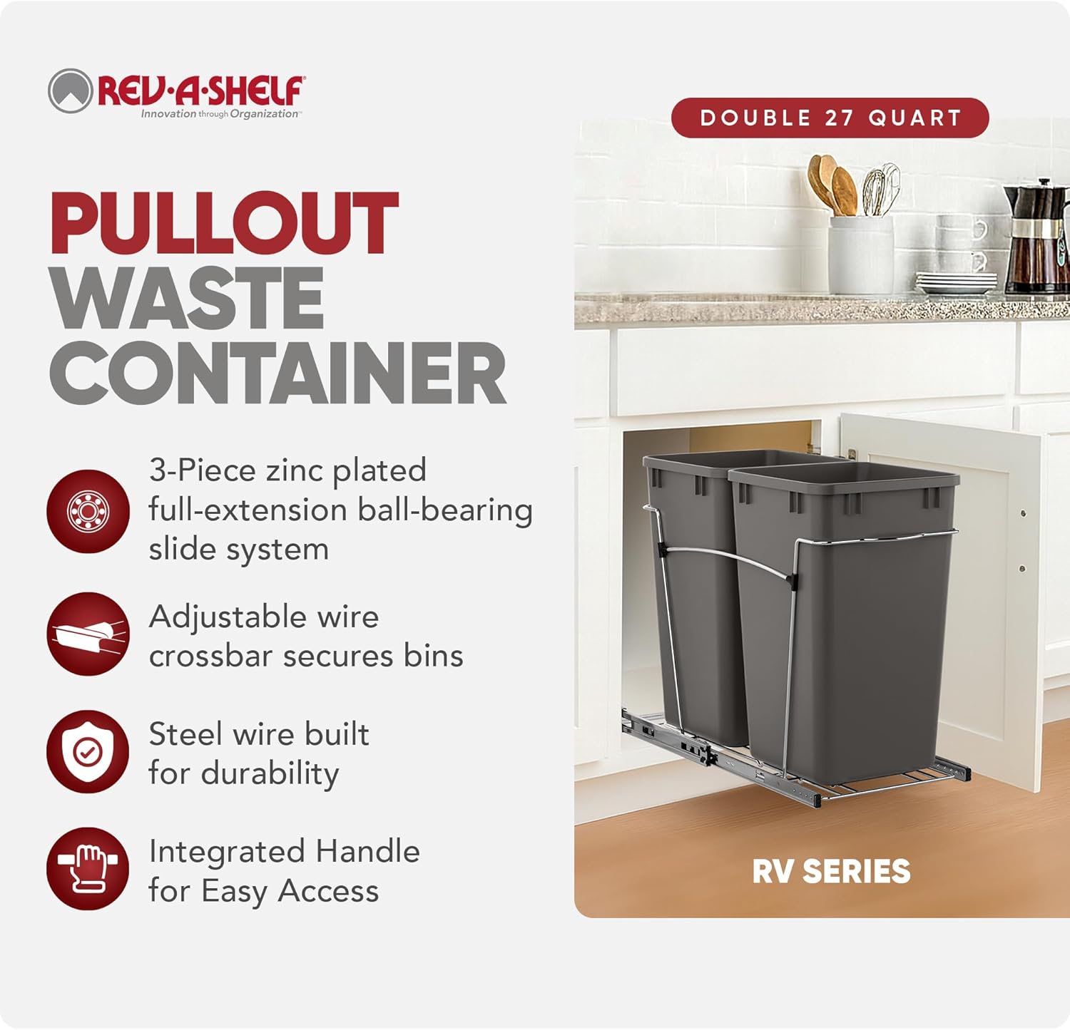 Rev-A-Shelf Double 27 Qt Pullout Trash Can for Base Kitchen Cabinets, Garbage Waste Bin System with Full Extension Slides, Min Opening Width of 11.5", Metallic Silver, RV-15KD-17C S