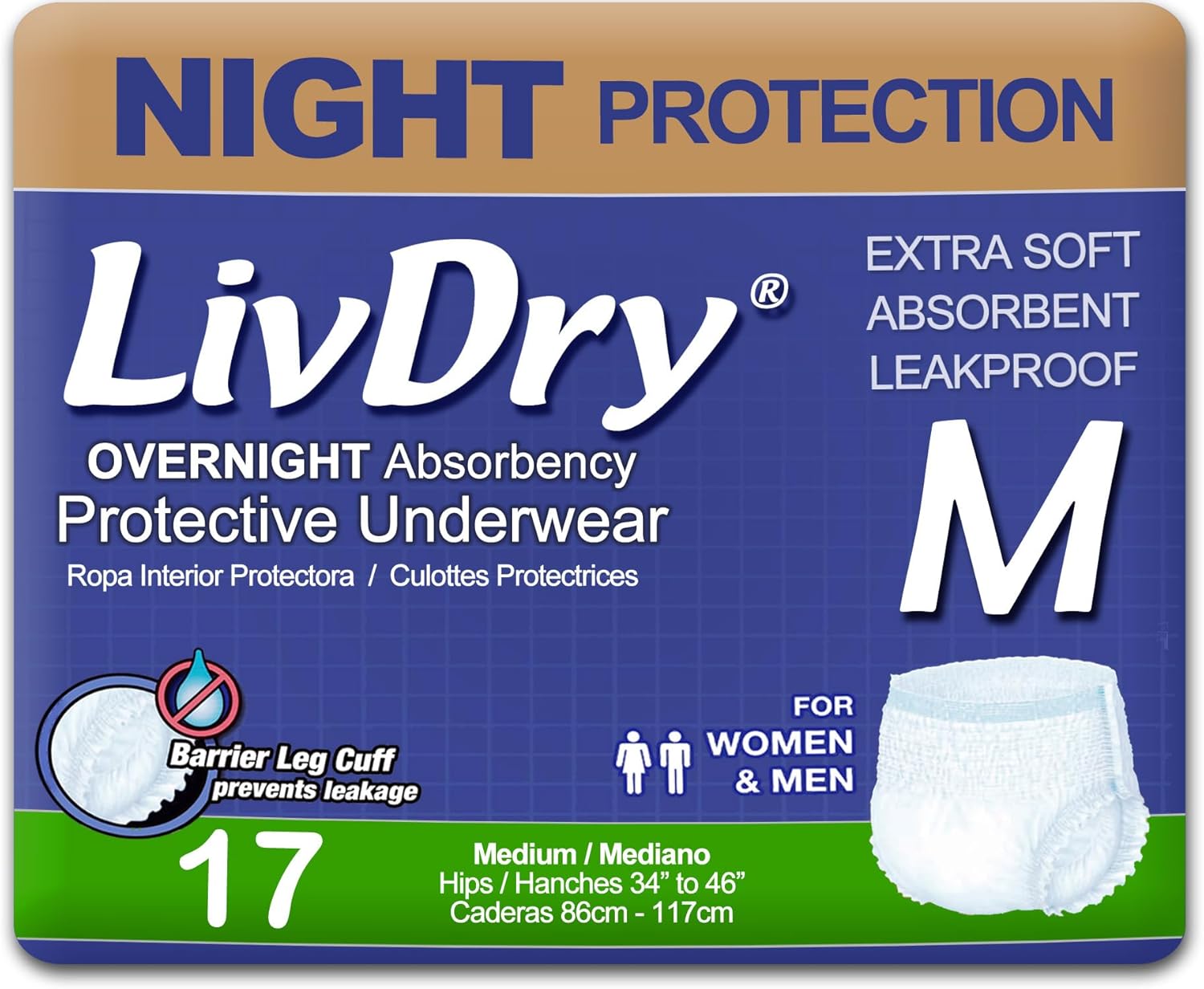 LivDry Adult XL Incontinence Underwear, Overnight Comfort Absorbency, Leak Protection, X-Large, 48-Pack