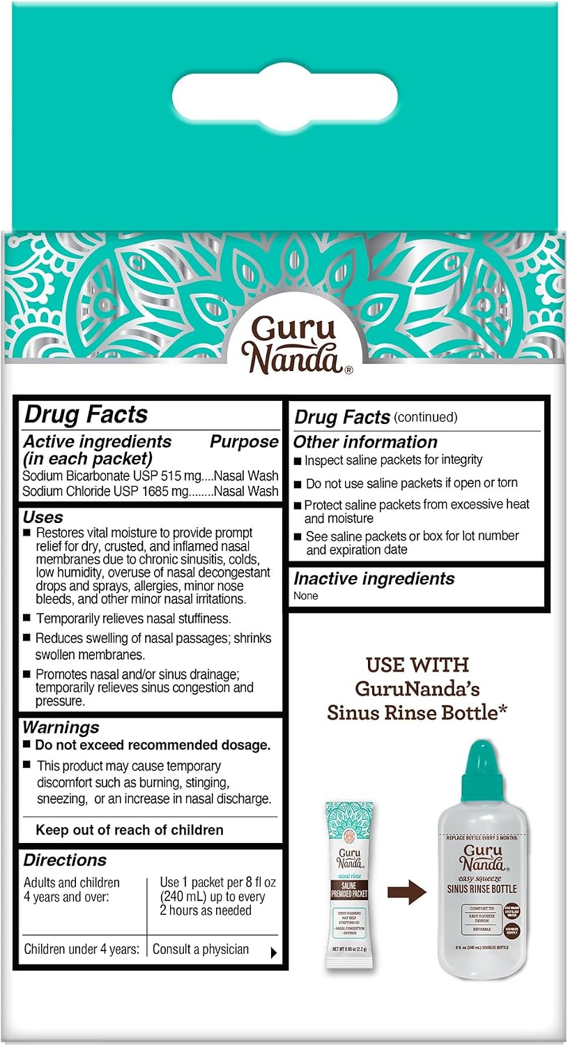 GuruNanda PreMixed Saline Packets for Nasal Rinse (120 Count), All Natural Sinus Rinse Packets to Help with Allergies & Congestion Relief, 0.08oz Each