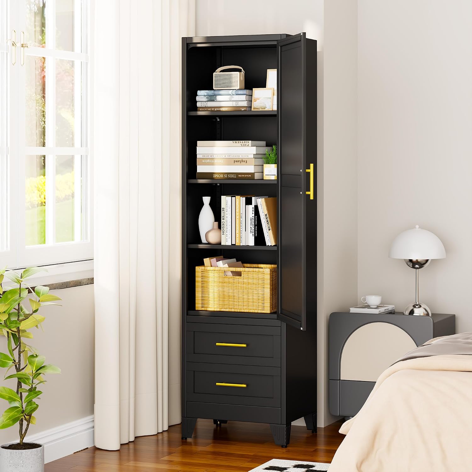 pozdeg 67" Tall Narrow White Metal Storage Cabinet | 2 Doors, 4 Adjustable Shelves, Freestanding Slim Pantry Organizer for Bathroom Kitchen Living Room