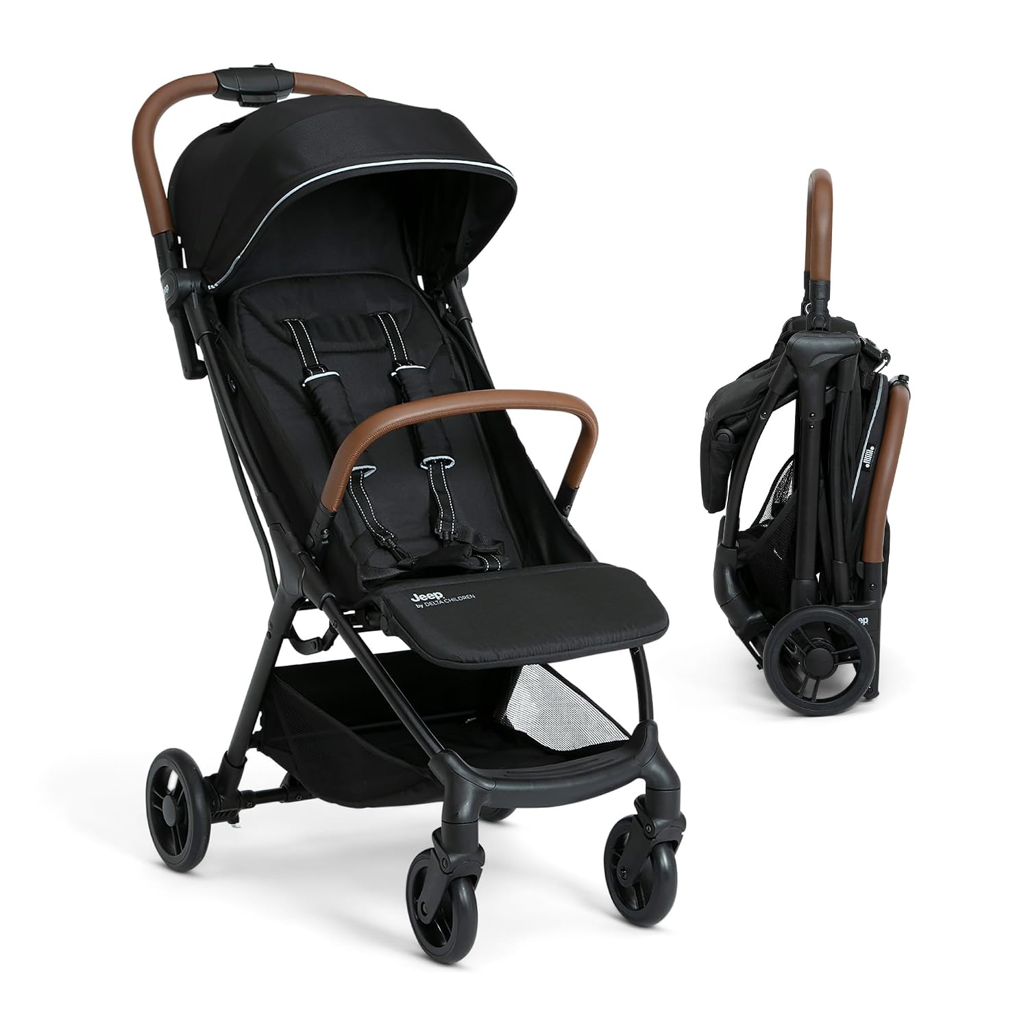 Jeep Altitude Compact Travel Stroller by Delta Children Greenguard Gold, Easy One Hand Fold, Lightweight, Extendable Canopy with Peek-a-Boo Window, Reclining Seat, 4 Wheel Suspension, Olive Green