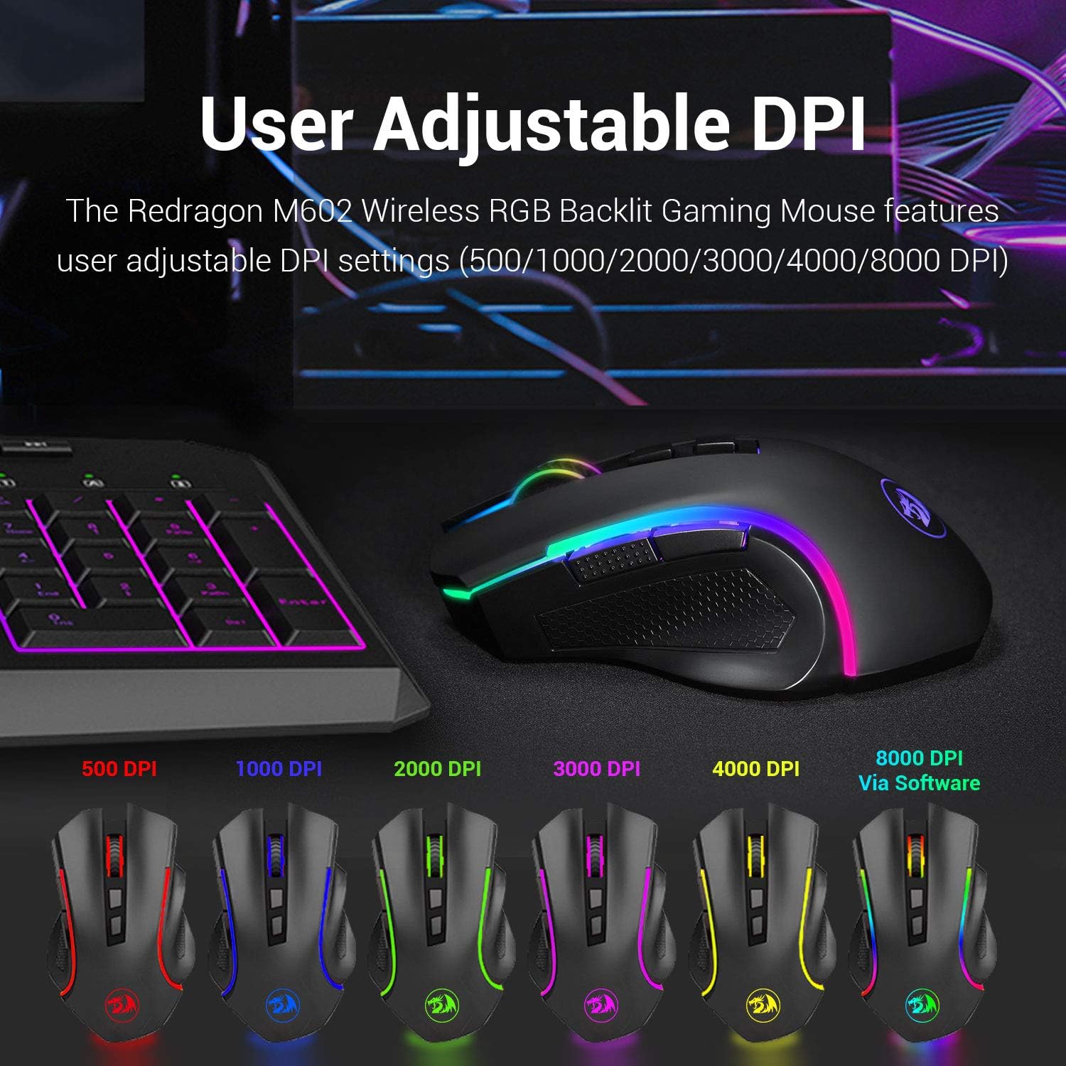 Redragon M602 Gaming Mouse, Ergonomic RGB Gaming Mouse Wired with 7200 Adjustable DPI, 9 Programmable Buttons, Professional Software for Gamer Office [Black]