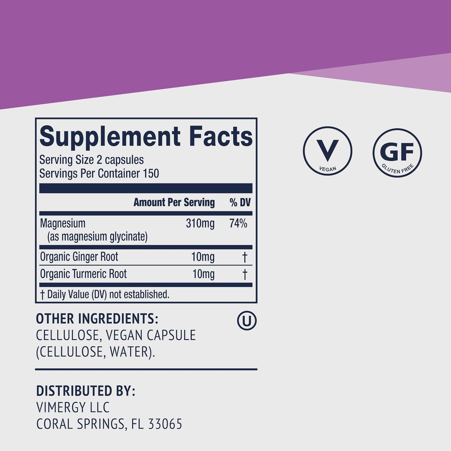 VIMERGY Magnesium Glycinate Supplement, Vegan, 180 Capsules, 90 Servings