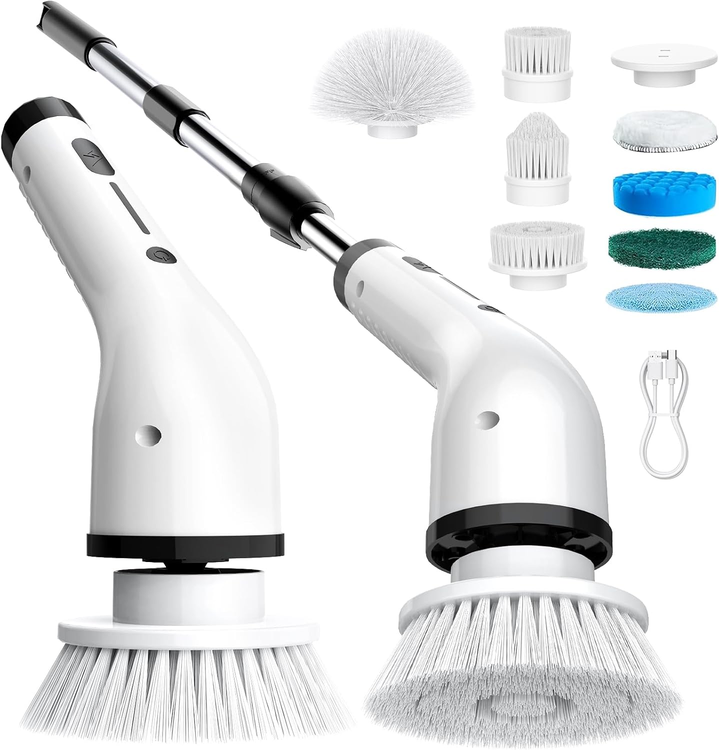 Electric Spin Scrubber, 3-Speed Flat End Brush with 8 Brush Heads & Base, IPX7 Waterproof, Adjustable Long Handle, Digital Display, 2500mAh Fast Charging, for Bathroom, Tub, Tile, Floor