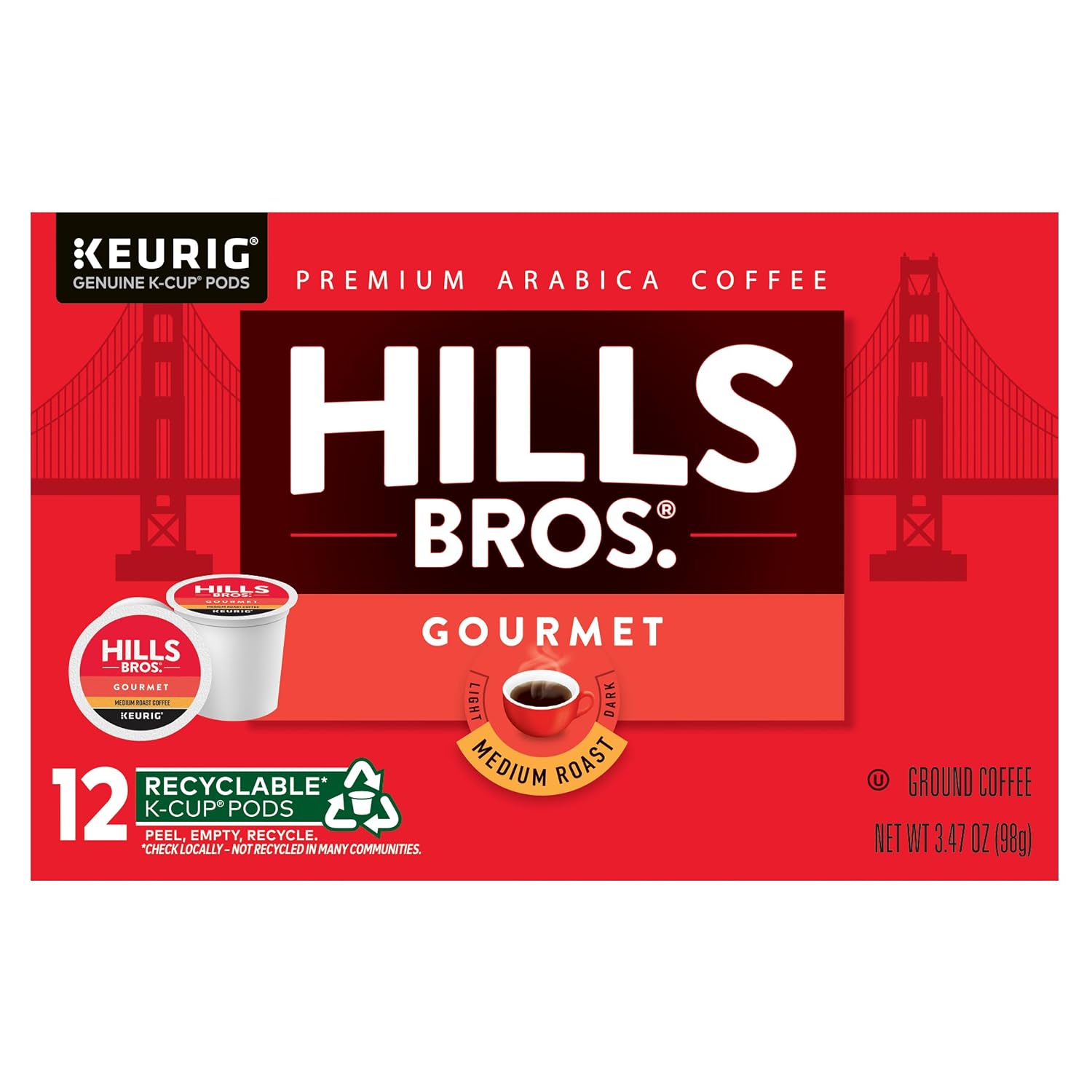 Hills Bros Single Serve Coffee Pods, 100% Colombian Ground Coffee, Medium Roast, 12 Count – Keurig Compatible, Roasted 100% Arabica Beans, Smooth Balanced Flavor