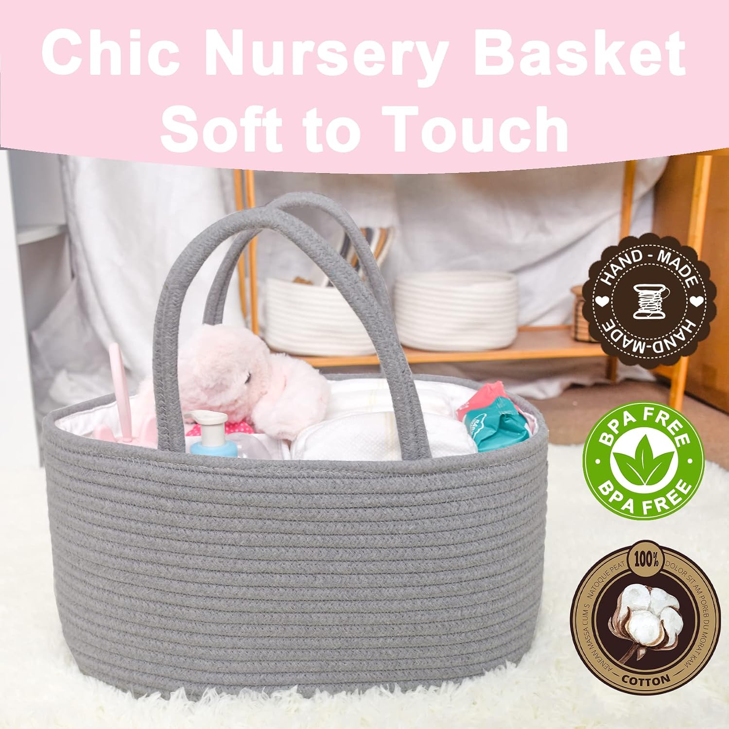ABenkle Baby Diaper Caddy, Nursery Storage Bin and Car Organizer for Diapers and Baby Wipes, Cotton Rope Diaper Basket Caddy