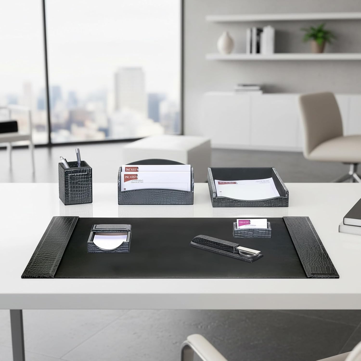 Dacasso Black Crocodile Embossed Leather Desk Set, 7-Piece D2204