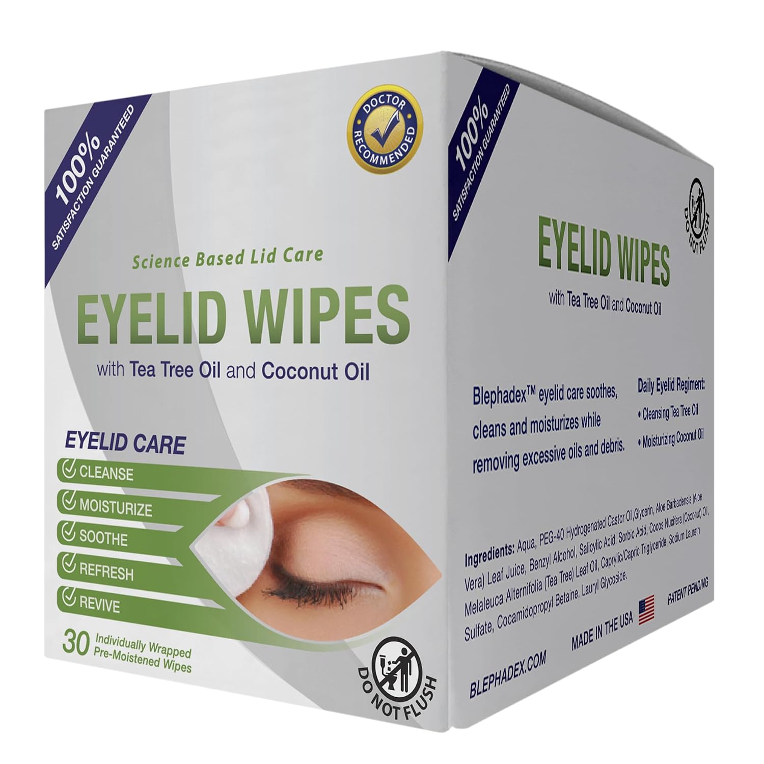 Lunovus Premium Eyelid Wipes With Tea Tree and Coconut Oil - Cleansing Wipes for People Itchy Eyes - Individually Wrapped - Box Of 30 Natural Eye