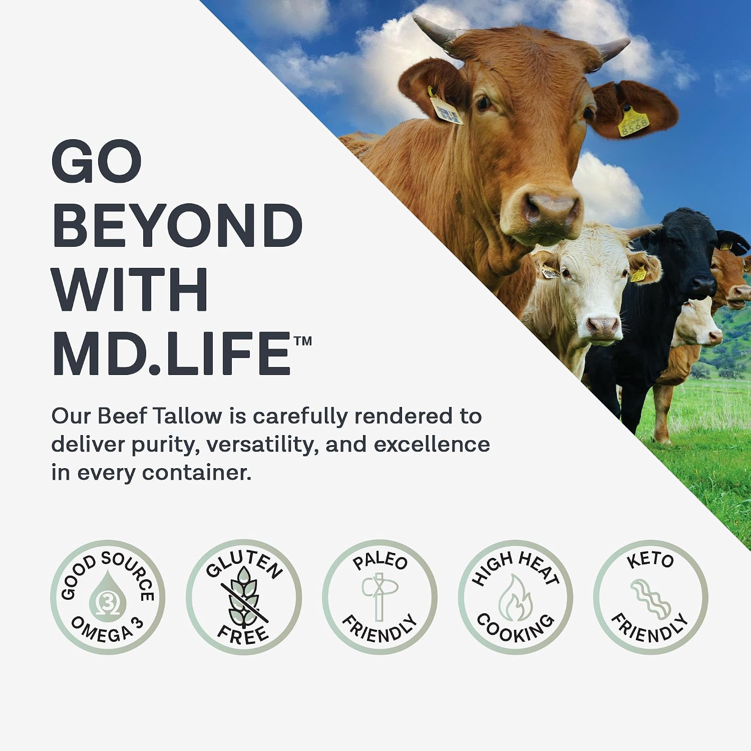 MD. Life Beef Tallow for Cooking - Food Grade Grass Fed Beef Tallow for Cooking Oil Replacement - 28 Ounce - Pasture Raised Keto Friendly Beef Tallow- Used to Make Candles & Soap