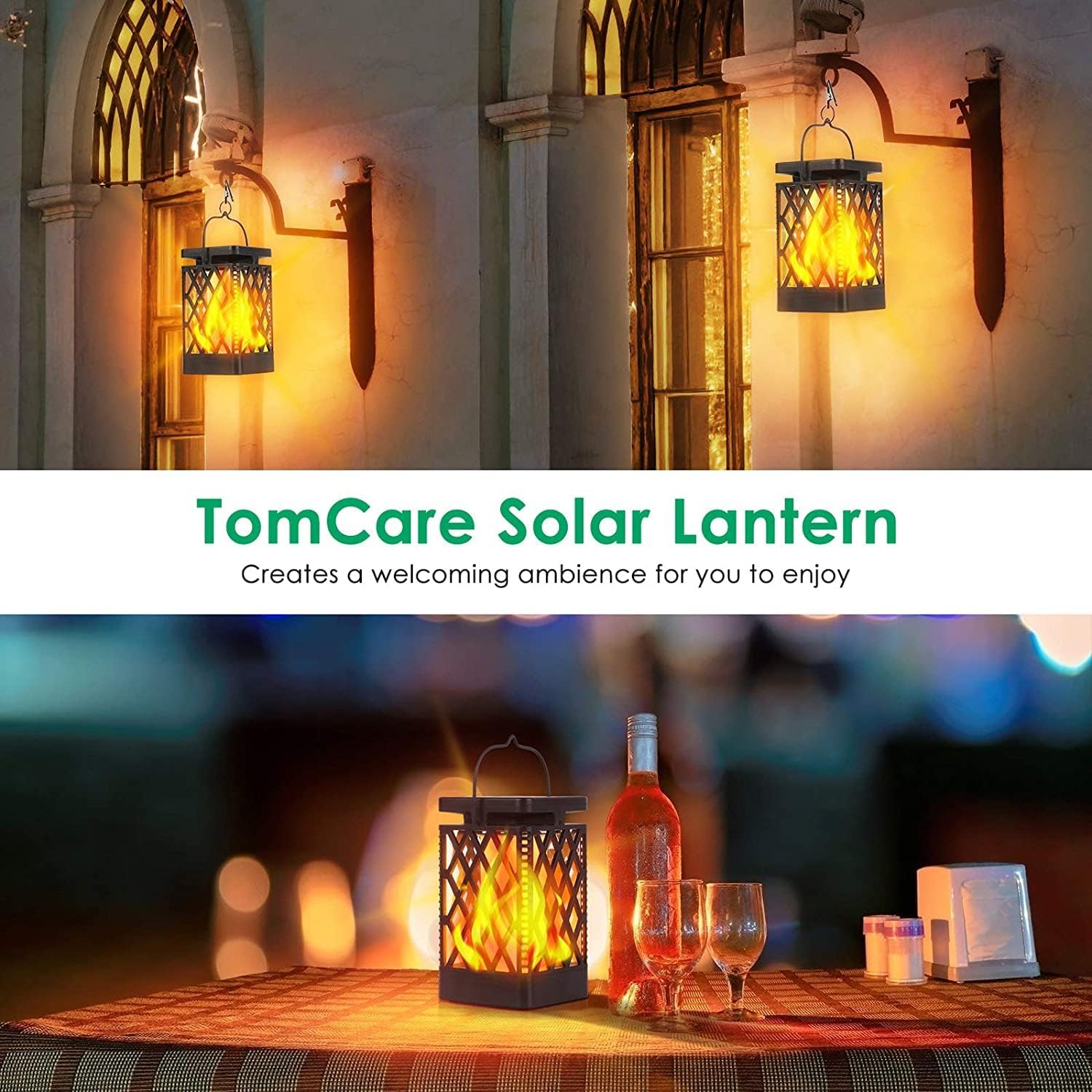 TomCare Solar Lanterns Outdoor, Flickering Flame Hanging Lights, 2 Pack