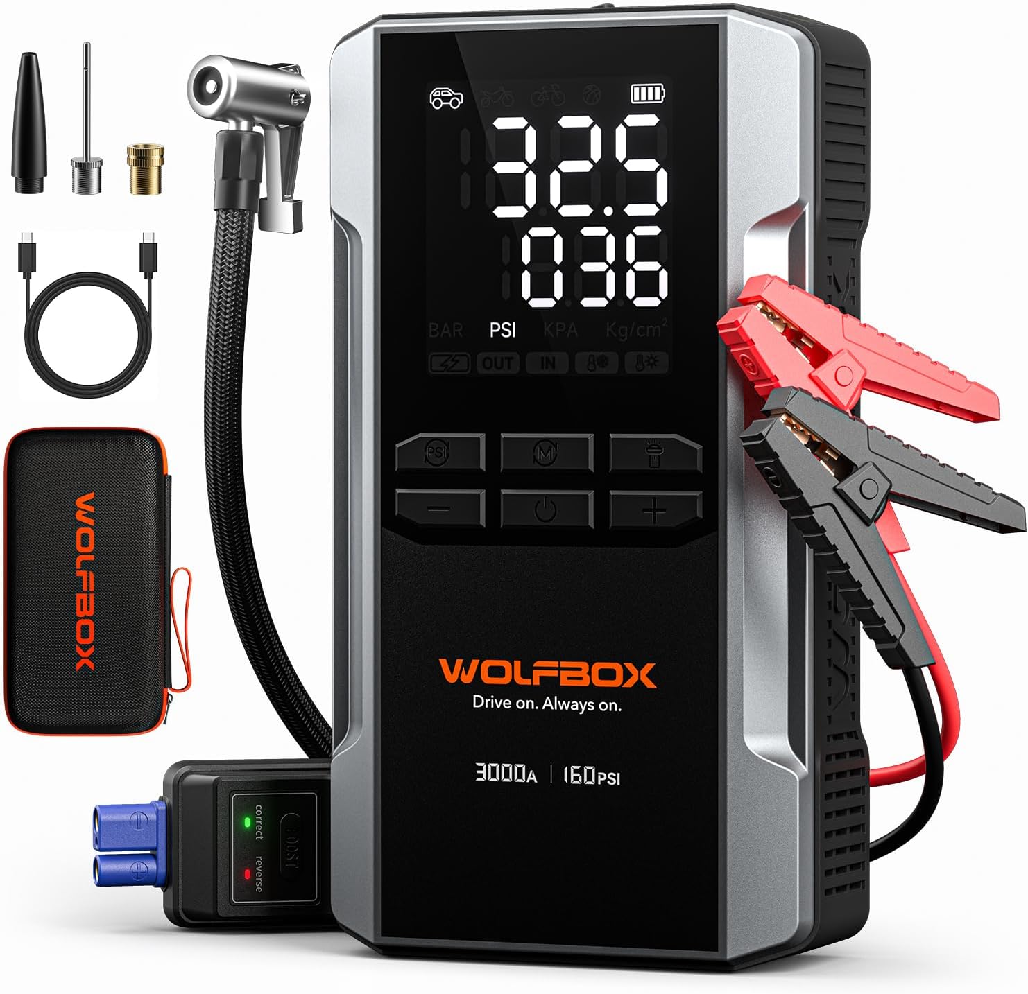 WOLFBOX MV16A 3000A Jump Starter with Air Compressor, 59.2Wh&160PSI Portable Car Battery Jump Starter with 65W Fast Charging, 12V Battery Pack (8L Gas 6L Diesel) with Boost, Light and Jumper Cables