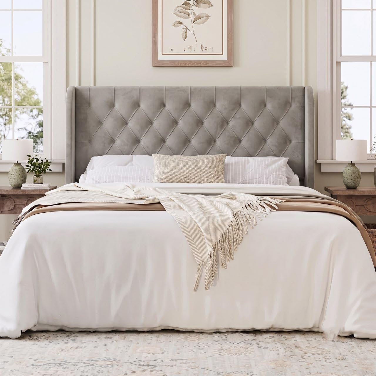 HOMBCK Full Size Bed Frame with Headboard, Upholstered Platform Bed, White | Velvet Tufted Curved Wingback/Wooden Slats Support/No Box Spring Needed/Noise-Free/Easy Assembly
