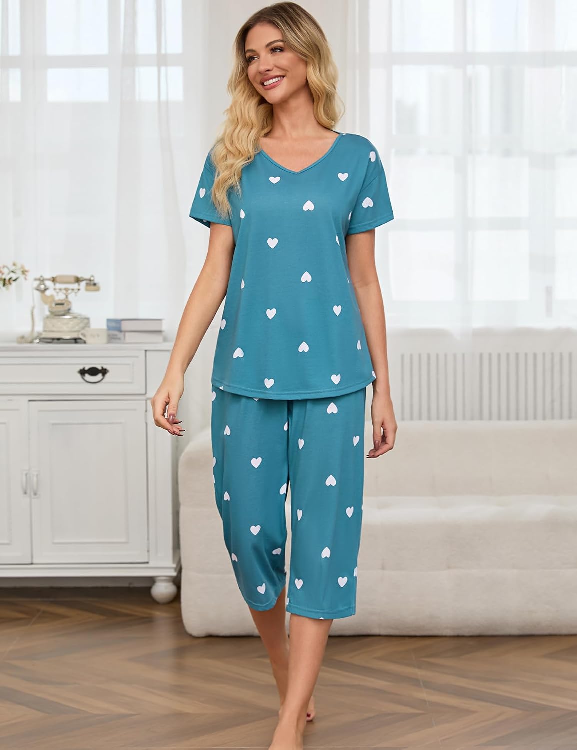 ENJOYNIGHT Womens Pajama Set Cotton Summer Pj Top with Capri Pant Sleepwear