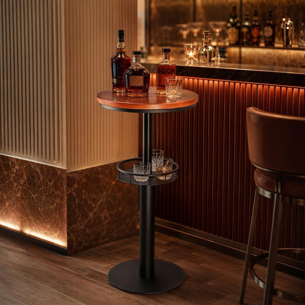 LOKKHAN 42" Tall Rustic Industrial Bar Table 19.68" Dia Round Wooden Top Metal Frame Height Fixed Standing Pub Dining Room Bistro Cocktail Table, Black & Brown