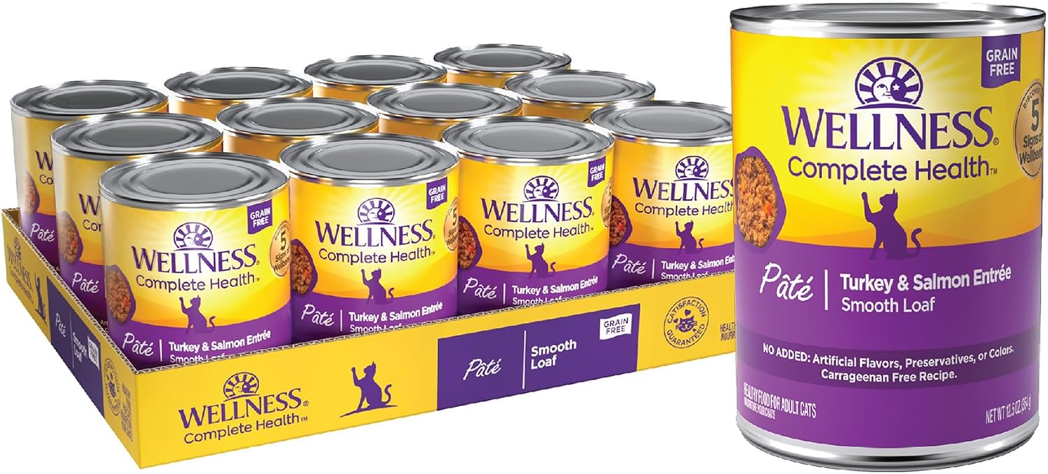 Wellness Complete Health Pate Adult Canned Wet Cat Food, Natural, Protein Rich, Grain Free, Turkey Dinner Recipe, 12.5 oz, Pack of 12 Cans
