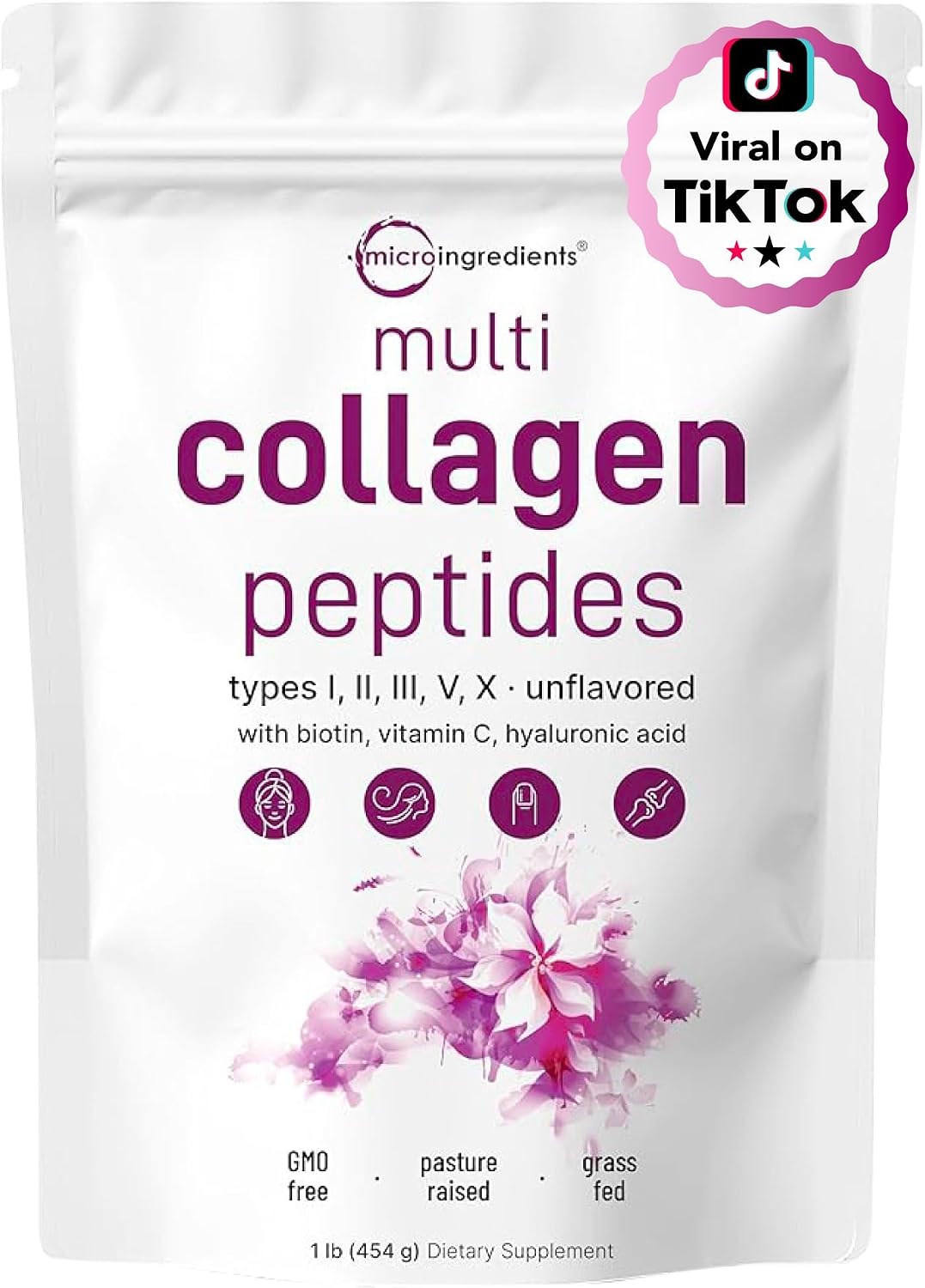 Micro Ingredients Multi Collagen Peptides Powder, 2lb (82 Servings) | Hydrolyzed Type I, II, III, V, X with Biotin, Hyaluronic Acid & Vitamin C. Unflavored Collagen for Women & Men, Easy Dissolve