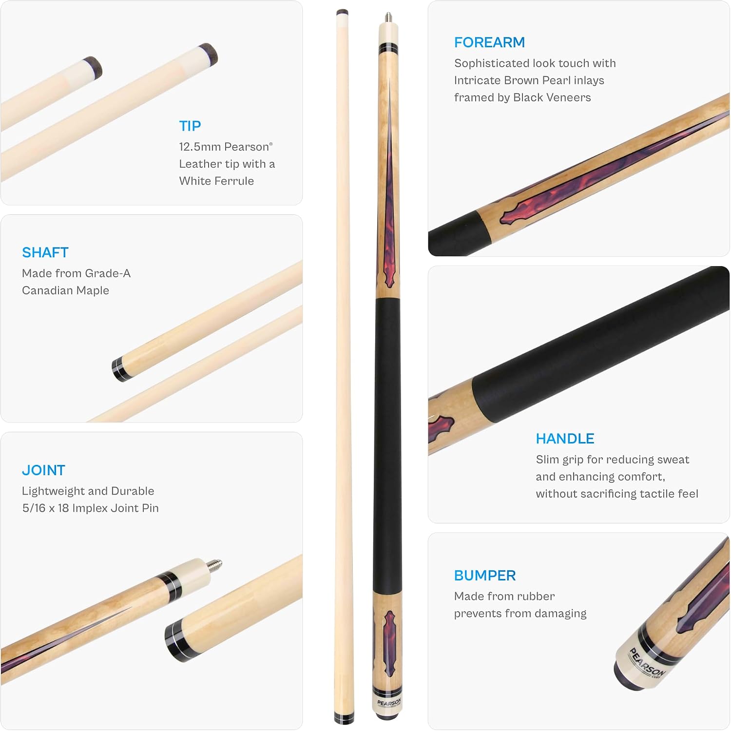 PEARSON Cues League Series Pool Cue Stick Maple Wood Billiard Cue with Leather Grip, Stainless Steel Joint