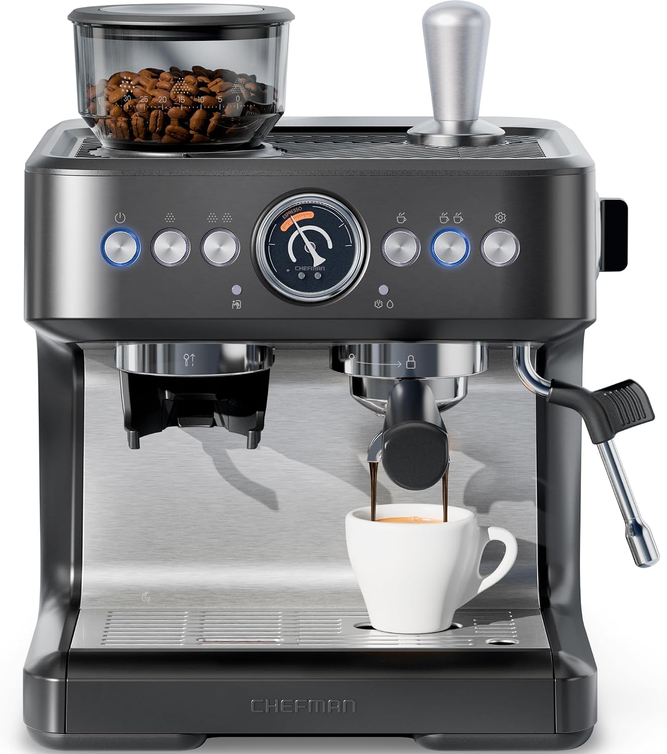 Chefman 6-in-1 Espresso Machine with Built-In Milk Frother, 15-BAR Pump, Digital Display, One-Touch Single or Double Shot for Cappuccinos and Lattes