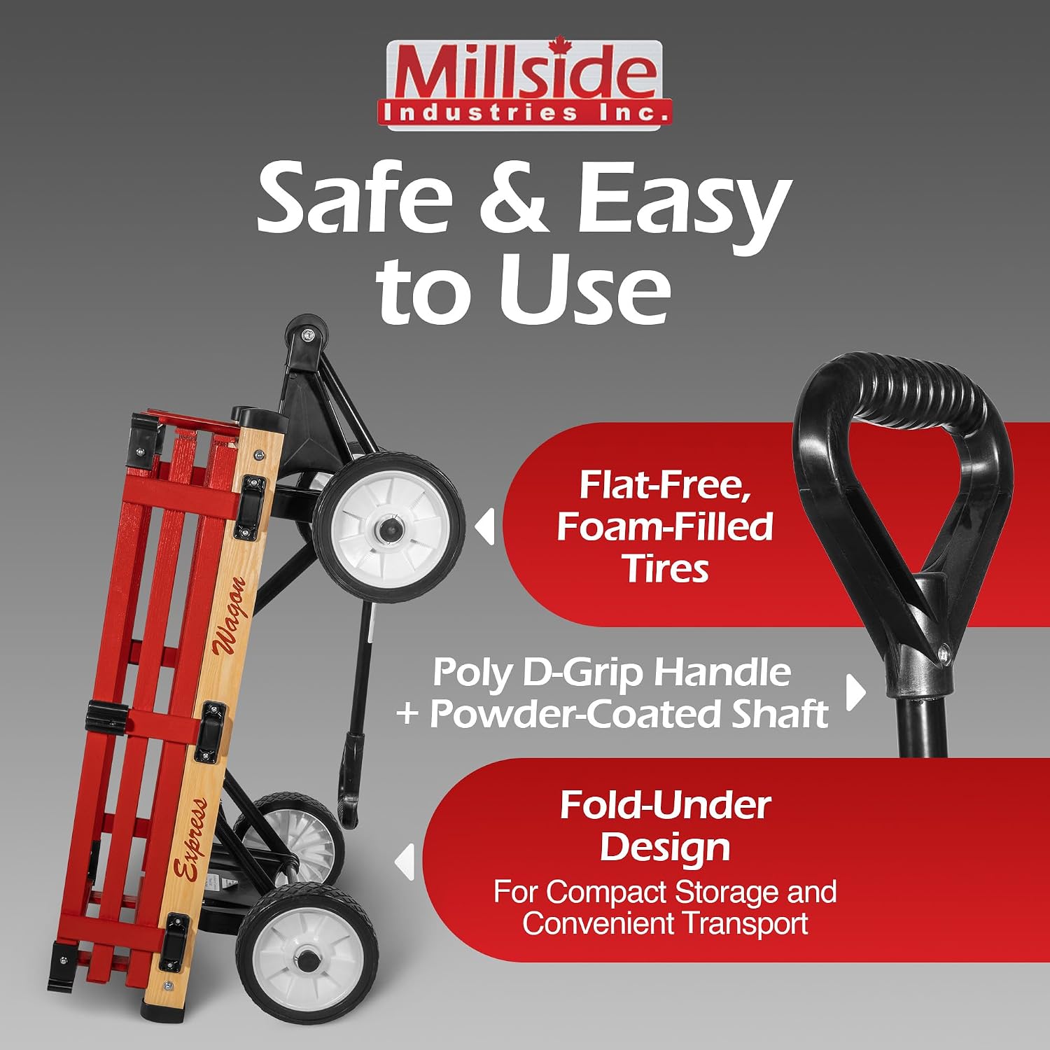Millside Convertible Wood Wagon Cart with 4 Flat-Free Tires and Sleigh Runners for Outdoor Hauling Through Snow, Red, 16" x 34"