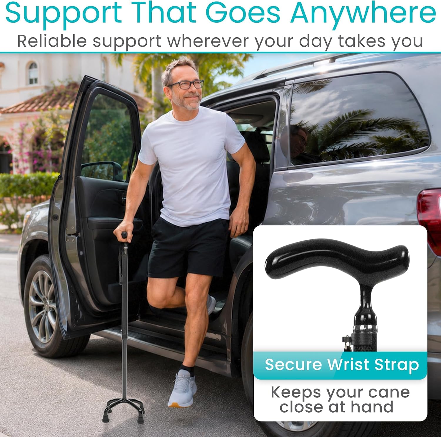 Vive Ultra-Lightweight Quad Cane - Carbon Fiber Walking Stick for Men | Women - Adjustable Ergonomic Grip Handle - Nonslip 4 Prong Rubber Tips for