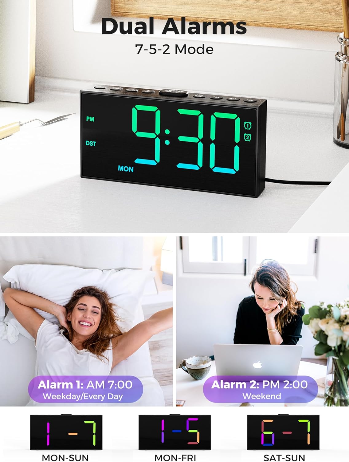 Digital Alarm Clocks for Bedrooms, Dual Alarms, 7.5-Inch Large Display